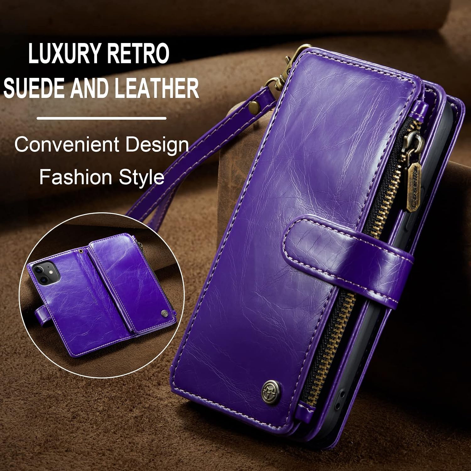 CaseMe Wallet Case for iPhone 12 and iPhone 12 Pro(6.1") Flip Case,Compatible with MagSafe Charger,Suede PU Leather Zipper Folio Case with Magnetic Closure and Card Holder(Luxury Purple)