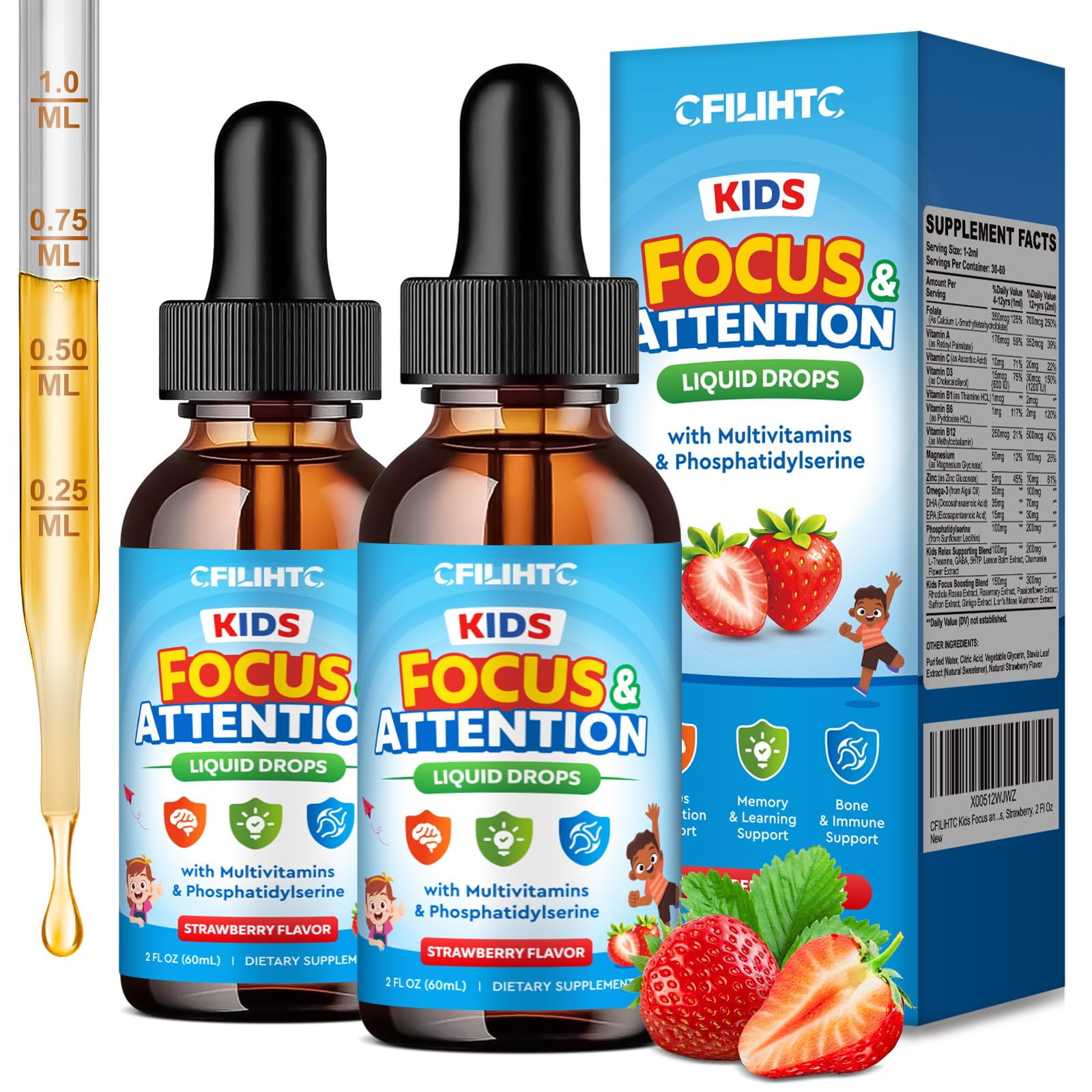 Kids Focus and Attention Supplements with Phosphatidylserine, Omega-3, Magnesium Glycinate & L-Theanine, Brain Vitamins Liquid Drops for Kids Memory, Cognitive, Sleep, Calm & Mood, Strawberry, 4 Fl Oz Strawberry 4 Fl Oz (Pack of 1)