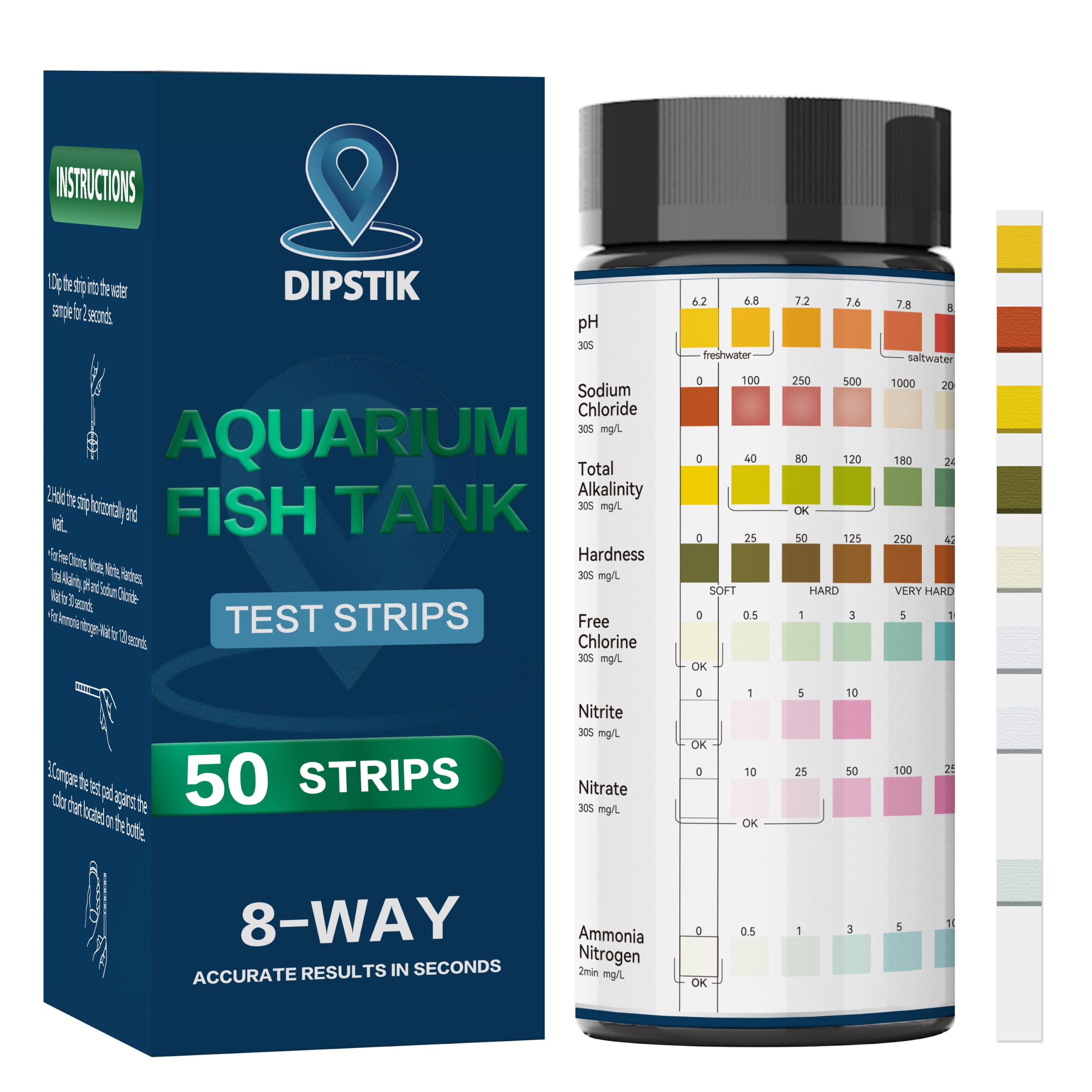DIPSTIK Aquarium Ammonia Test Strips,8-Way Aquarium Test Kit for Freshwater