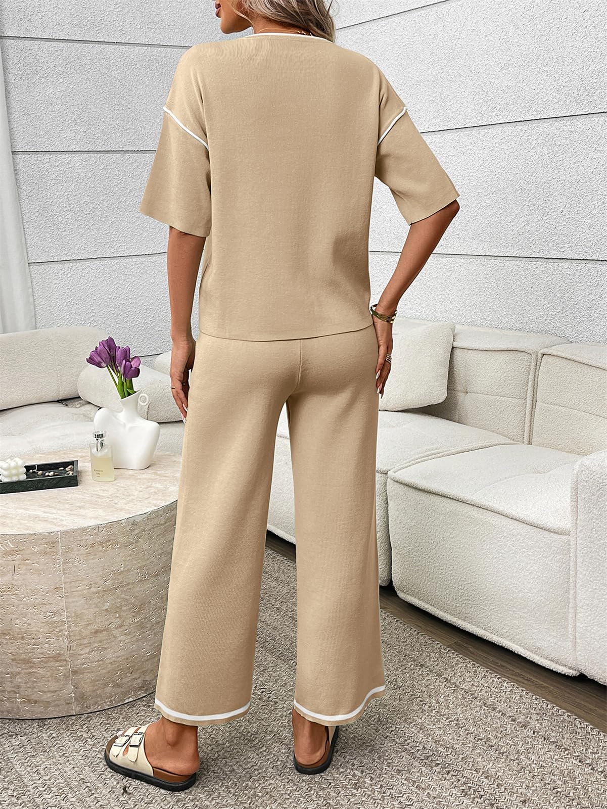SotRong Tuta da donna in seta di ghiaccio, set da salotto in due pezzi, casual, a maniche corte, maglione a maniche corte e pantaloni a gamba larga con coulisse abbinati