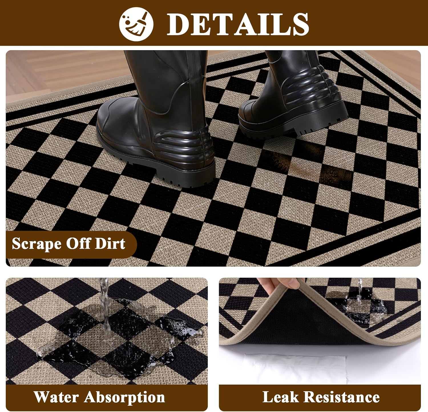 Vaukki Indoor Door Mat 24"x36", Ultra Thin Doormat Indoor Entrance, Non Slip Rubber Backed Inside Welcome Mat for Front Door, Low-Profile Washable Dirt Trapper Entry Floor Mat for Entryway, Checkered