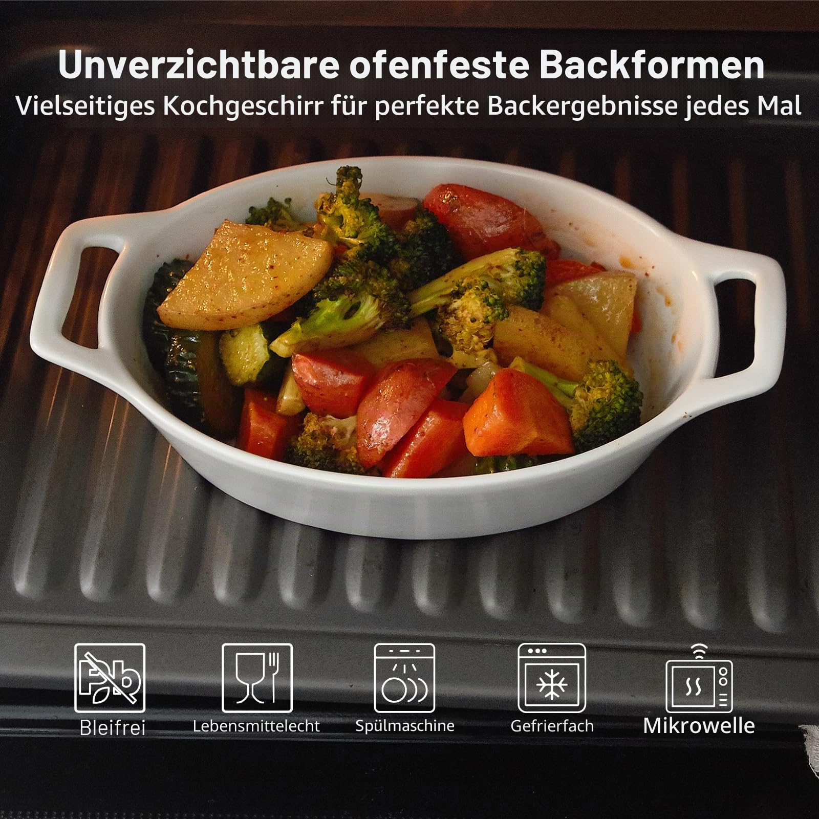 ONEMORE Au Gratin Auflaufform, 590 ml, einzelne Auflaufformen für ofenfest, ovale Keramik-Backform mit Griffen, Set mit 4 Au Gratin Pfannen zum Braten, Lasagne, Backen von Fleisch und Gemüse, Weiß