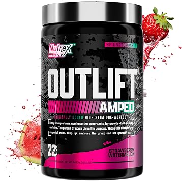 OUTLIFT Amped Max Dosed HIGH STIM Pre Workout Powder 6G Citrulline, 3.2G Beta Alanine, Alpha GPC, CognatiQ, Extreme Energy, Massive Pumps, Electrolytes Strawberry Watermelon, 22 Servings