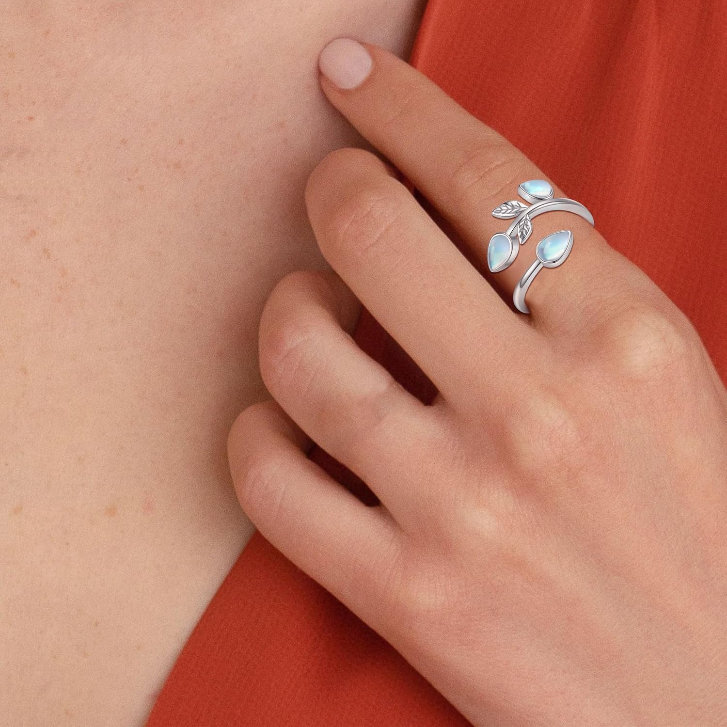 Moonstone Leaf Ring Sterling Silver Adjustable Band Moonstone Rings Boho Jewelry for Women - Image 2