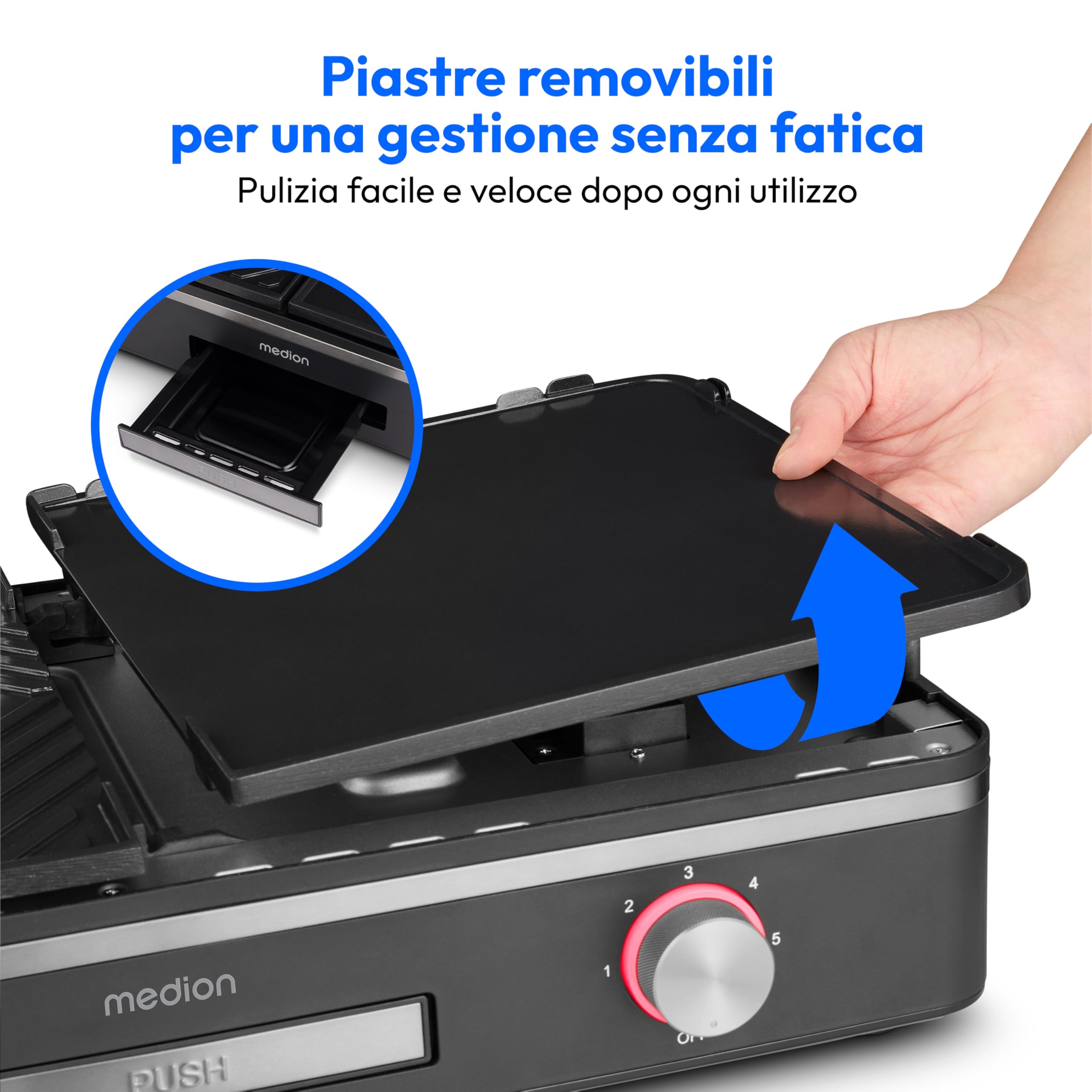 MEDION Griglia da tavolo con sistema a doppia zona (2400 W, 2 piastre rimovibili, regolazione individuale della temperatura, indicatore LED, protezione IPX4), MD12027