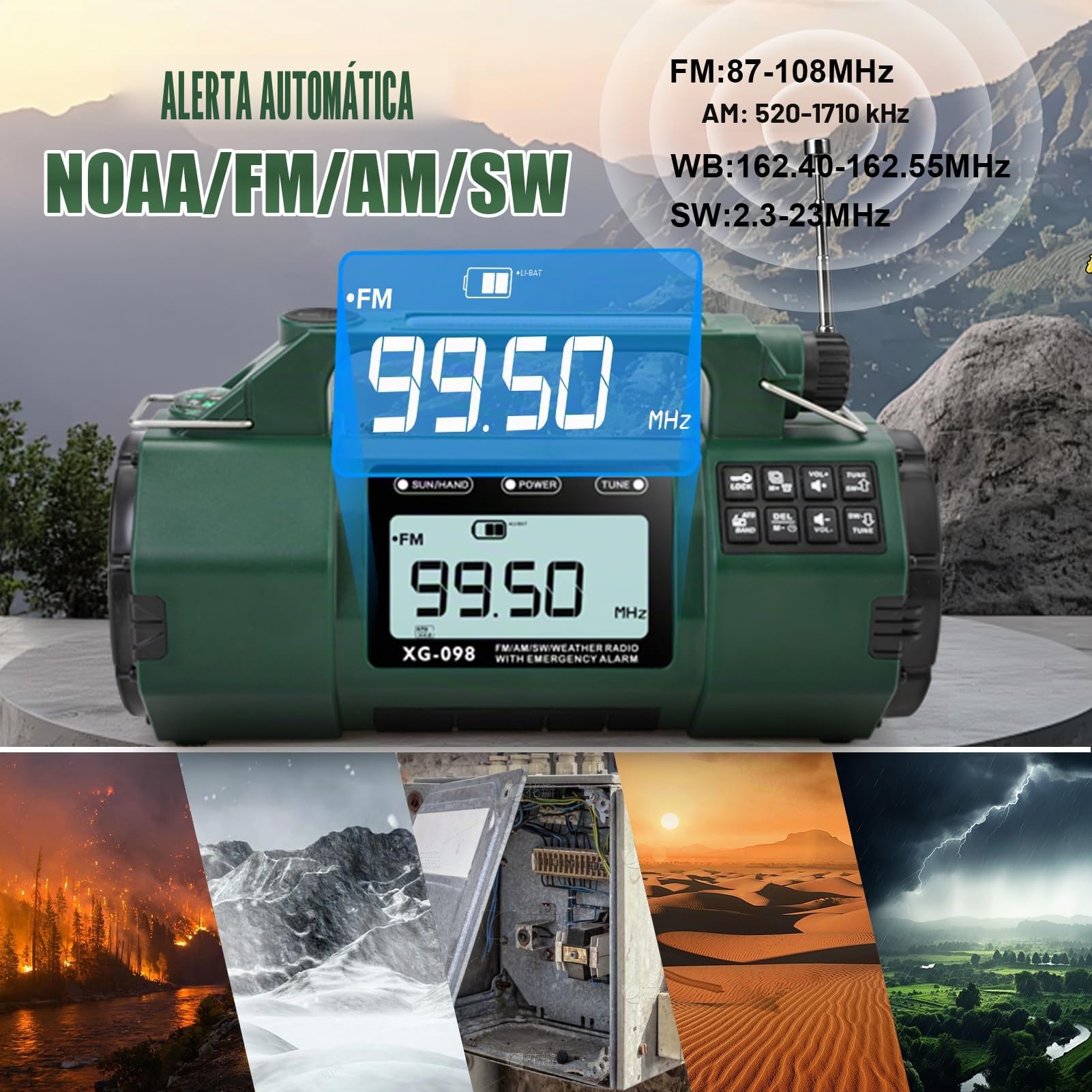 Radio meteorológica de emergencia, batería reemplazable 5000mAh, radio solar de manivela con alerta AM/FM/SW/NOAA, reloj despertador, temporizador, brújula, cargador de teléfono móvil, conector para