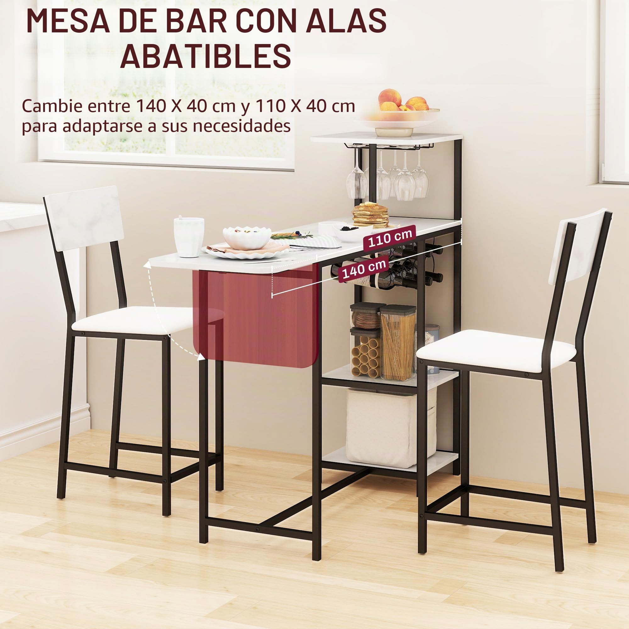 HOMCOM - Conjunto de Mesa de Bar con taburetes, Mesa de Comedor de pie con 2 sillas de Bar, Tapa Plegable, taquillas para Vino, portavasos, estantes Abiertos y reposapiés, Efecto mármol Blanco