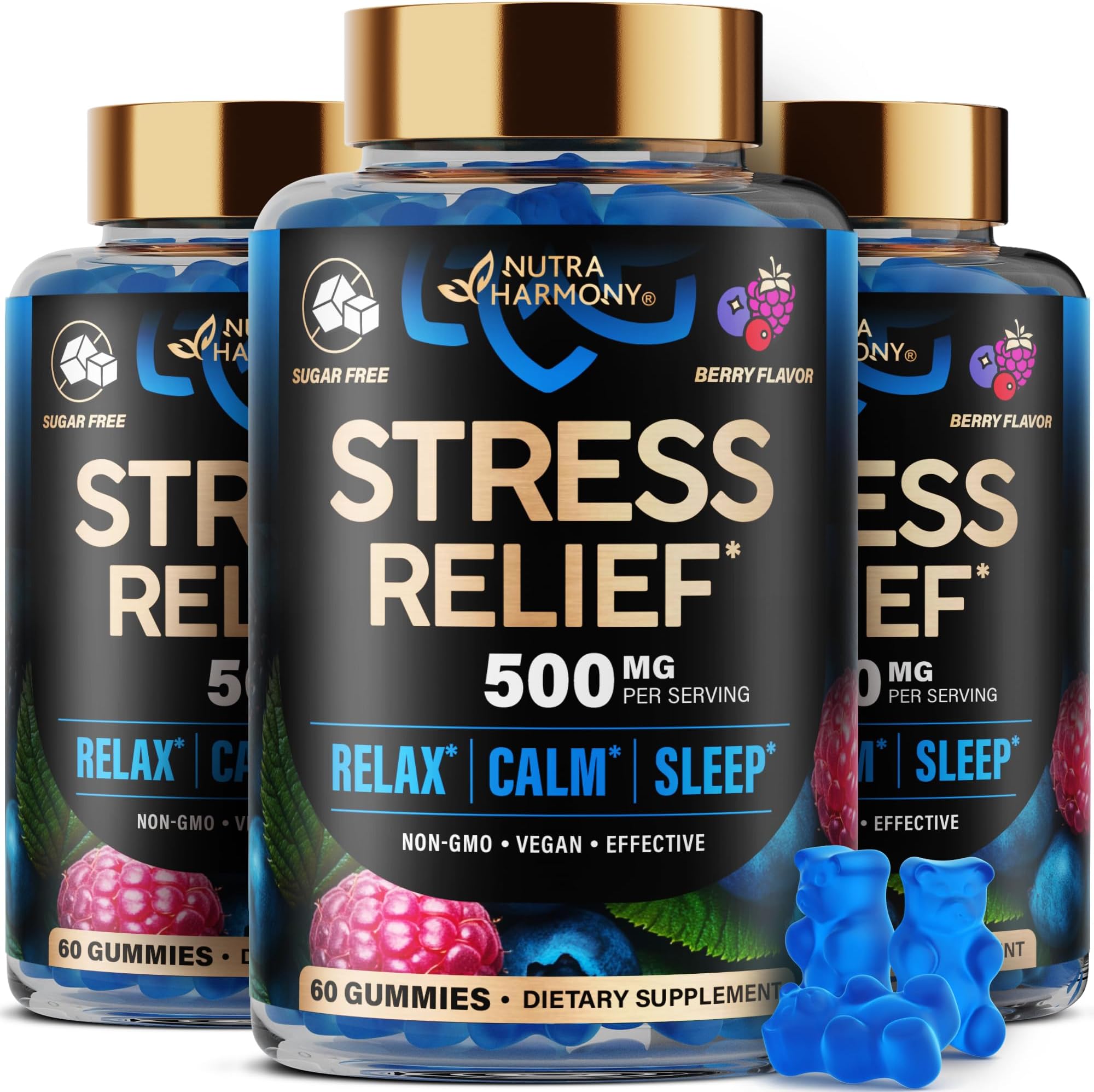 Stress Relief Support 500 mg - Relax, Calm & Sleep Support - Stress Gummies with L-Theanine | GABA | Ashwagandha | 5-HTP | Vitamin B6 & Magnesium - Sugar-Free, Vegan, Mixed Berry Flavor, Pack of 3