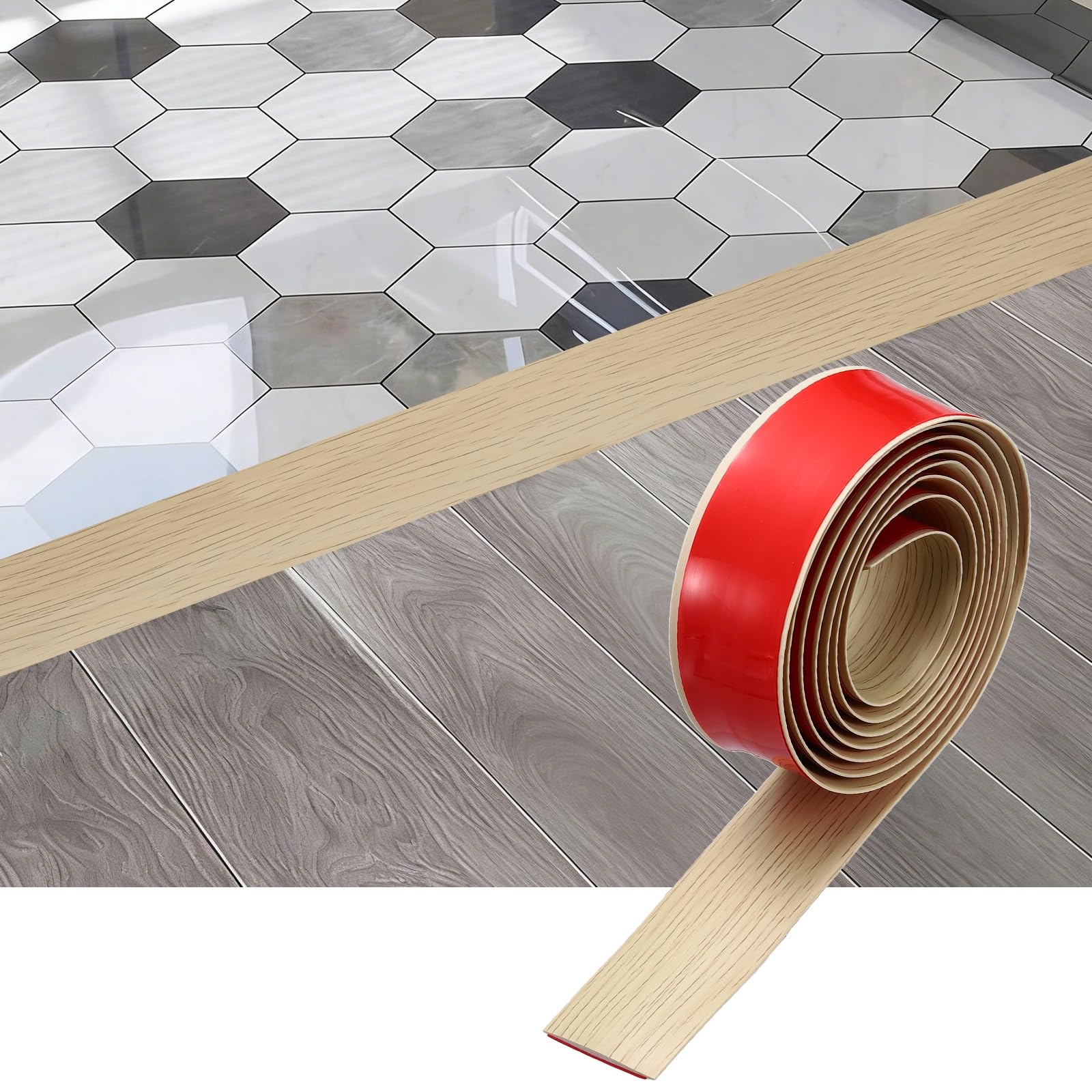 sourcing map Floor Transition Strip, 6.5FT x 1.57" x 0.14" Self Adhesive Floor Cover Strips Laminate Edge Trim with Wood Grain for Flooring Gaps Carpet Transition, Beige