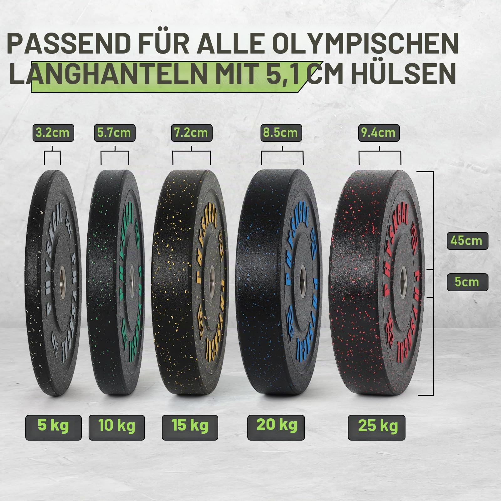 PhysKcal Hi-temp Olympic Bumper Plates, 50 mm Hantelscheiben 5–25 kg | Für Garage & Heimfitnessstudio Weightlifting. Dämpft Stöße, absorbiert Aufprall & schützt Böden bei Drops