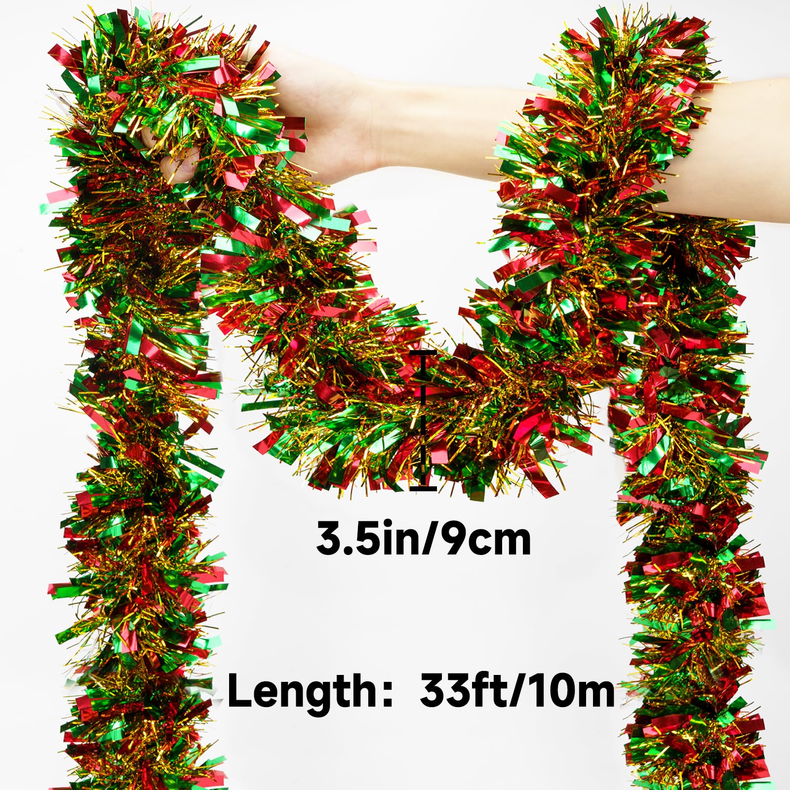 KINGLAKE Christmas Tinsel Garland, 10M x 9CM Red Green Gold Xmas Shiny Decoration - Image 2