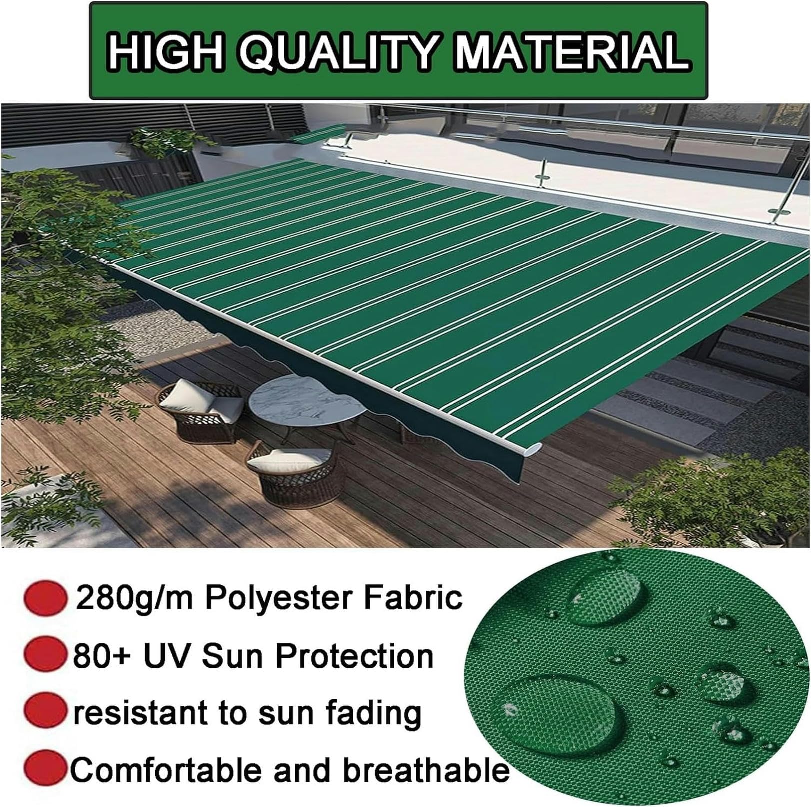 Waterdichte UV-bescherming intrekbare terrasluifel vervangende stof 280 g polyester zonnescherm onderdak canvas met volant voor tuin dek balkon maat 4,3 x 3,05 m duurzame outdoor schaduwoplossing