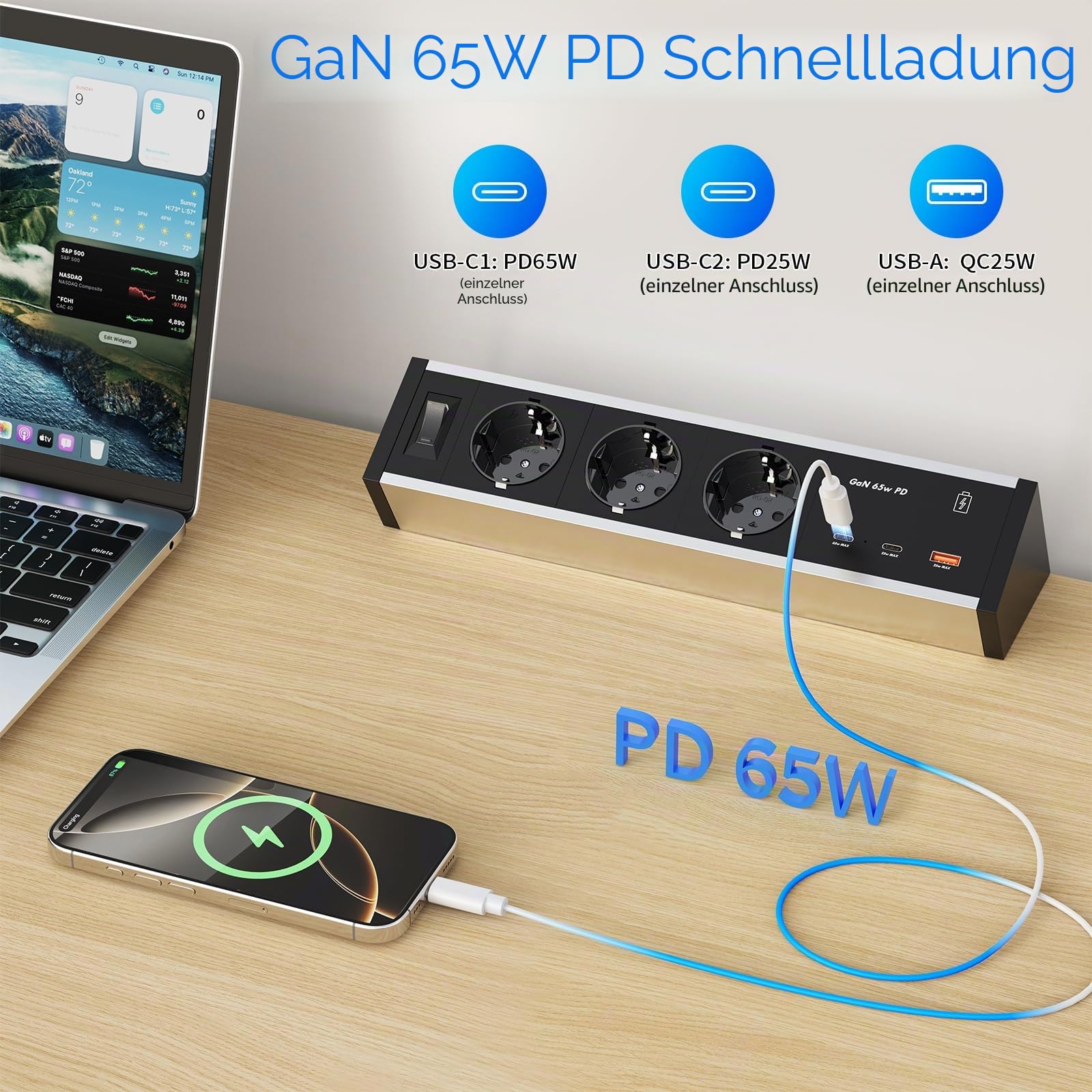 Tischsteckdose mit USB-C PD 65W GaN, 3-Fach, zum Anklemmen