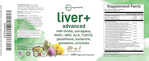 Miniatura 4 de Desintoxicación hepática, 240 cápsulas vegetales  Complejo de apoyo avanzado 20 en 1 + cardo mariano, diente de león, NAD, NAC, ALA, TUDCA,