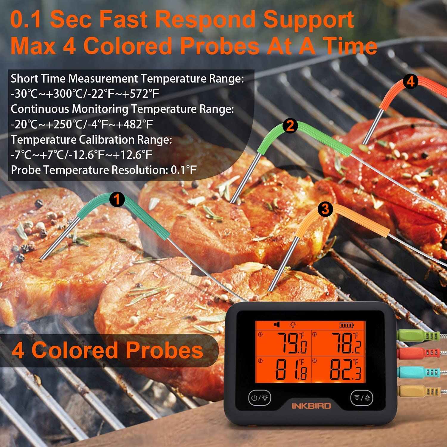 INKBIRD Ersatz-Grillthermometer, farbige Sonden, 4er-Pack, Set für Inkbird-Thermometer, 119,9 cm, Edelstahl-Sonden, nur kompatibel mit IBBQ-4BW, IBT-24S und IBT-26S