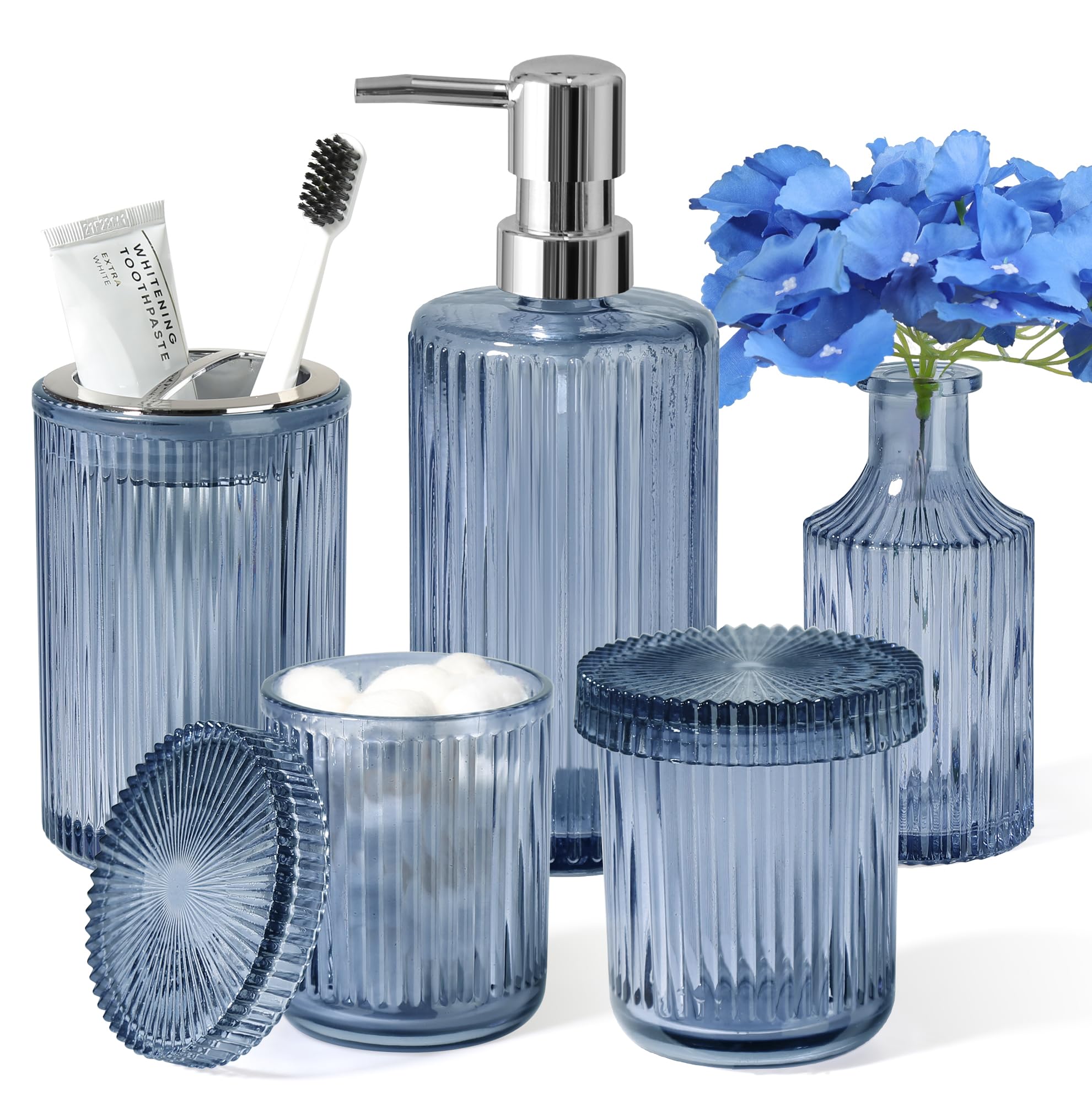 Blue Bathroom Accessories 5 Pcs, Glass Bathroom Accessory Set, Vintage Blue Bathroom Set, Royal Soap Dispenser and Toothbrush Holder Set, Qtip Holder, Small Flower Vase, Modern Bathroom Decor
