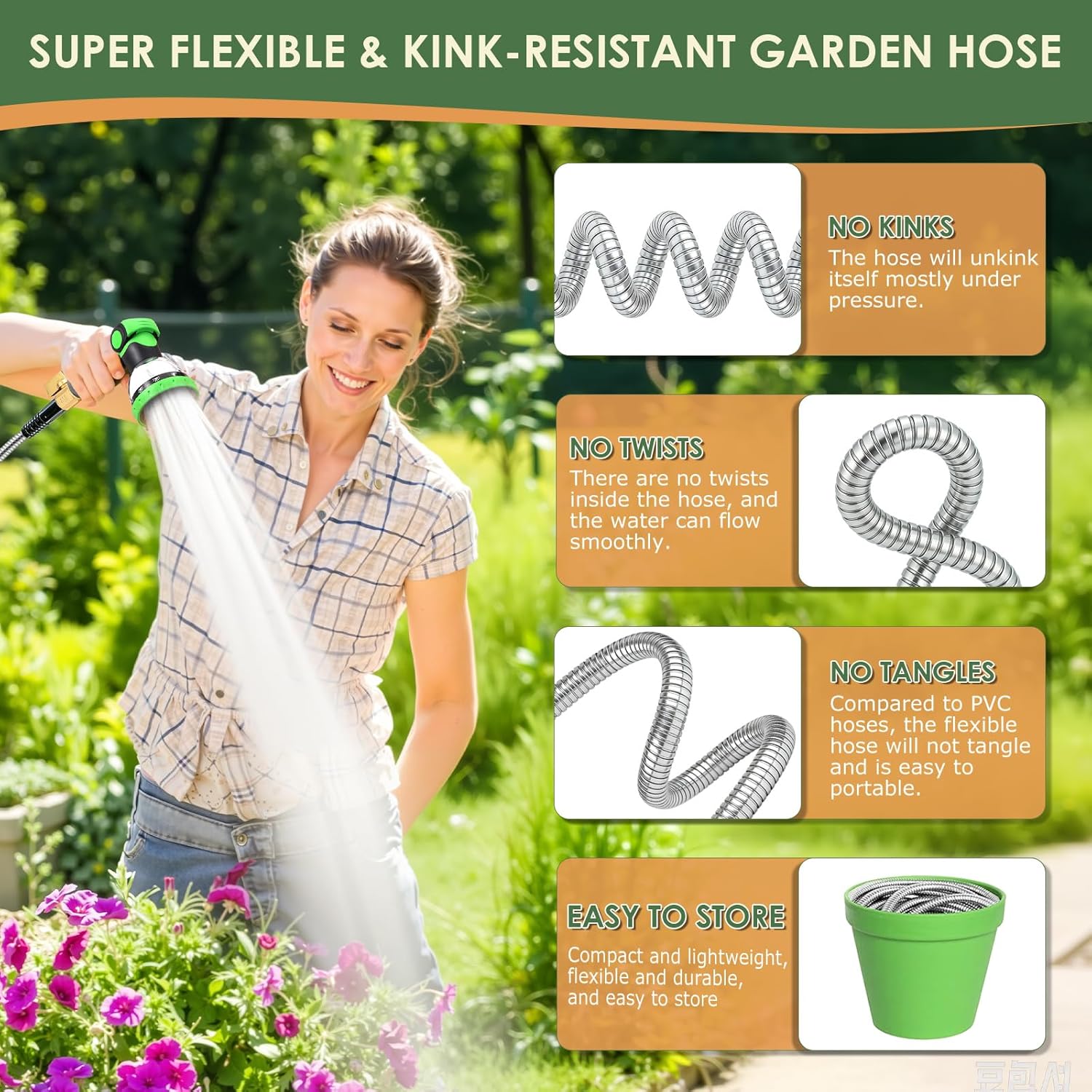 Stainless Steel Garden Hose 25 ft - Heavy Duty Durable Metal Water Hose, Kink Resistant, Lightweight, Flexible, Rust Proof, UV Resistant - Ideal for Yard, Lawn, Plant Watering & Car Washing