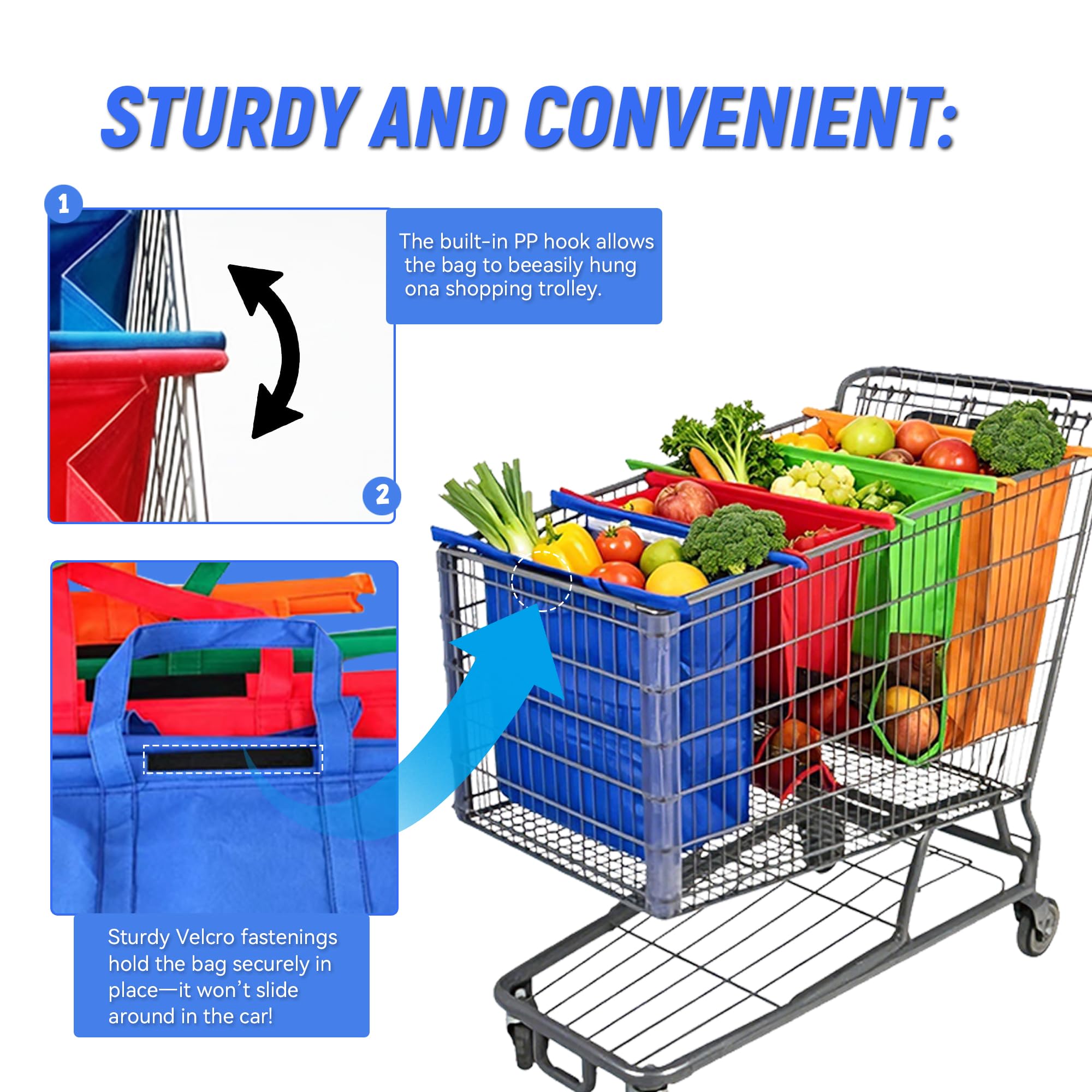 auvstar Set di 4 Borse per Carrello Spesa Supermercato,1 Borsa Termica blu e 3 Sacchetti in rete Riutilizzabili,Borsa Pieghevole con Manici e Chiusura in Velcro,Carico 23kg