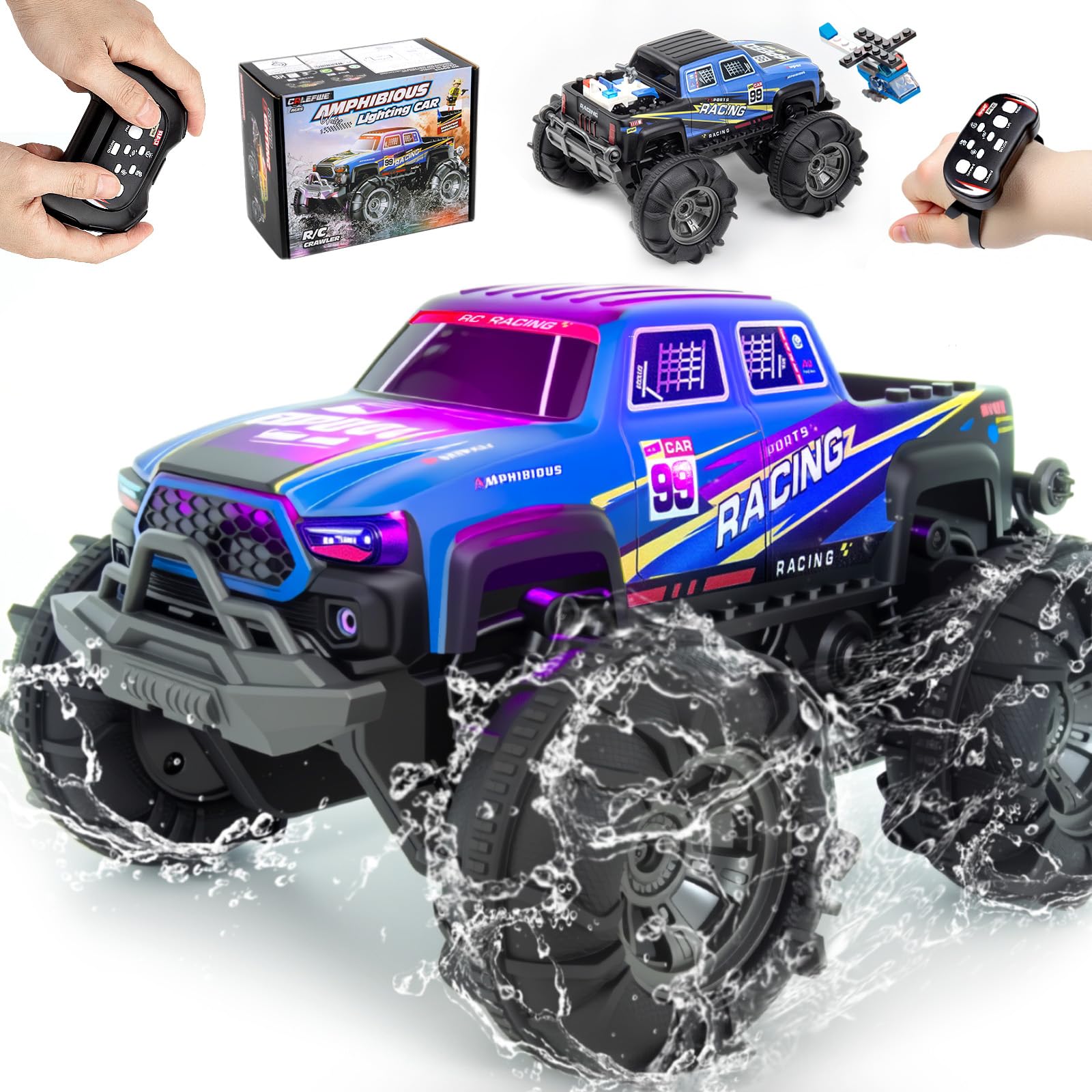 Amphibious Remote Control Car Monster Trucks for Boys Age 4-7 Monster Truck Toys W Blocks 360 Spin 4WD