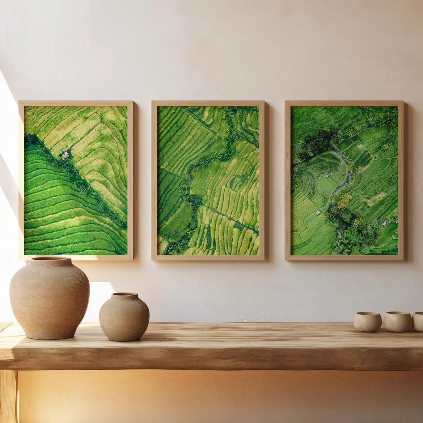 Yocheng 3pcs Rustic Spring Green Field Landscape Paintings -Farmhouse Wall Art With Green Fields & Wildflowers, Hues Country Nat 30x40cmx3 No Frame