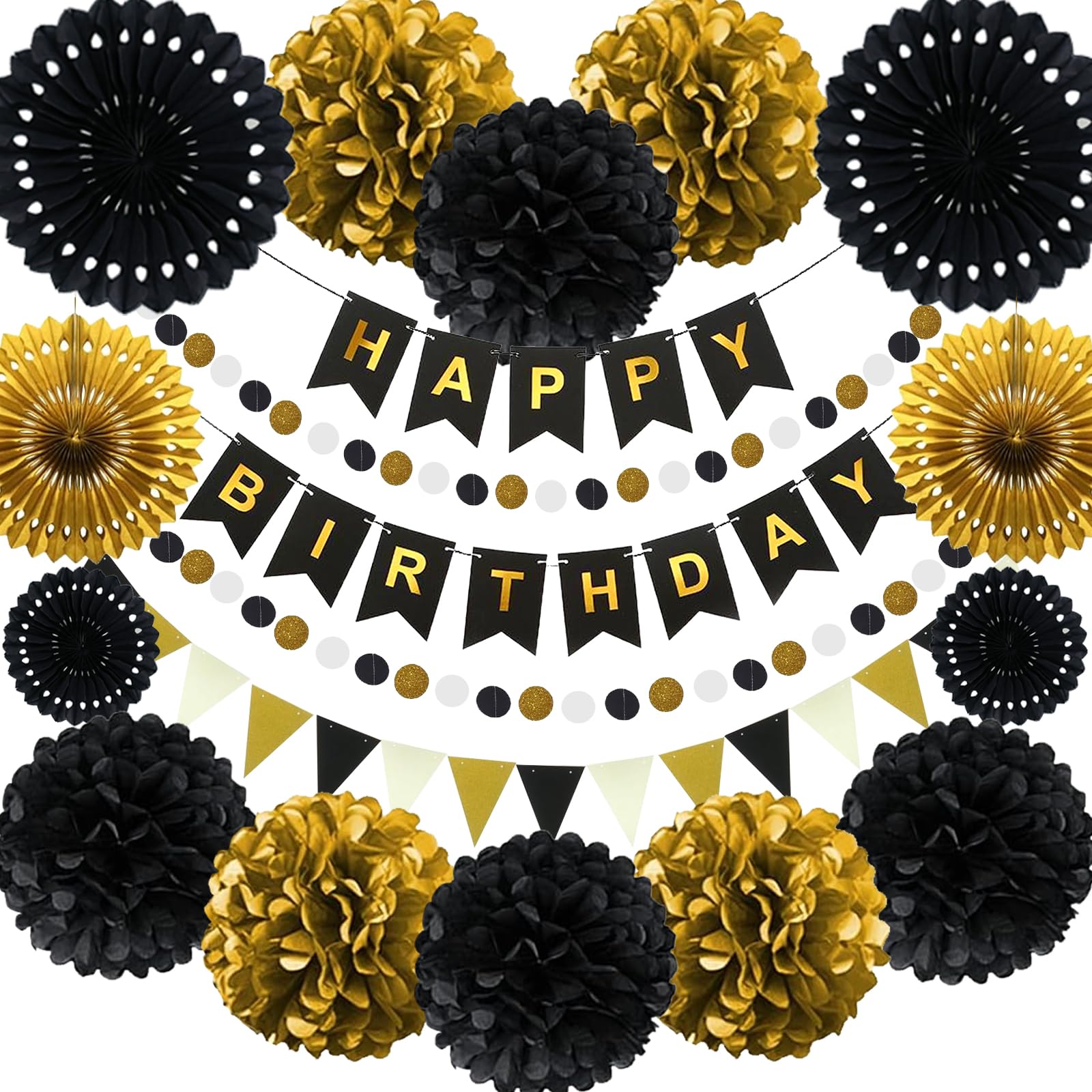 Party Decoration Black and Gold, Birthday Decoration Gold and Black, Paper Fans, Banner, Bunting, Pom Poms, for Birthday Party, Graduations Wedding, Happy New Years Décor 18 Pcs