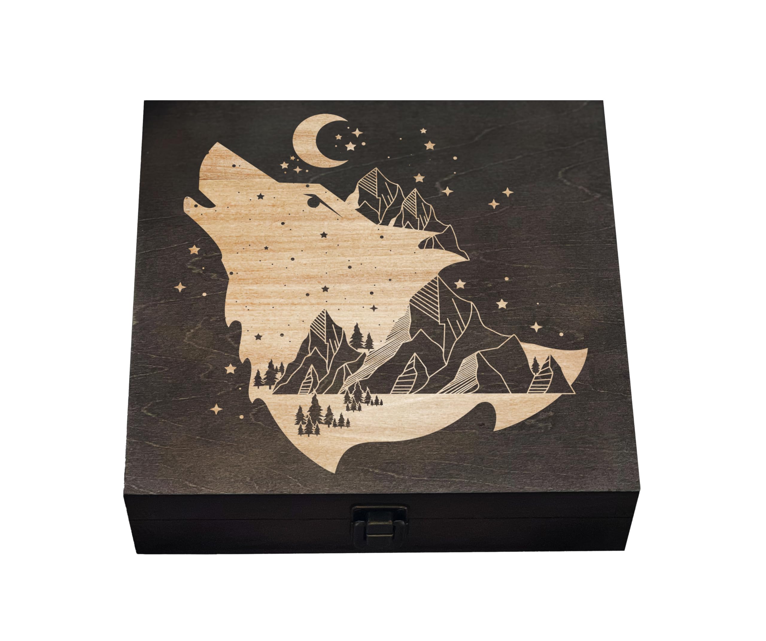 Exceptional Howling Wolf Wooden Box - Engraved Moon and Mountain Design - Ideal Gift for Brother, Friend, Men - Personalized Keepsake and Memory Box for Storing Precious Items