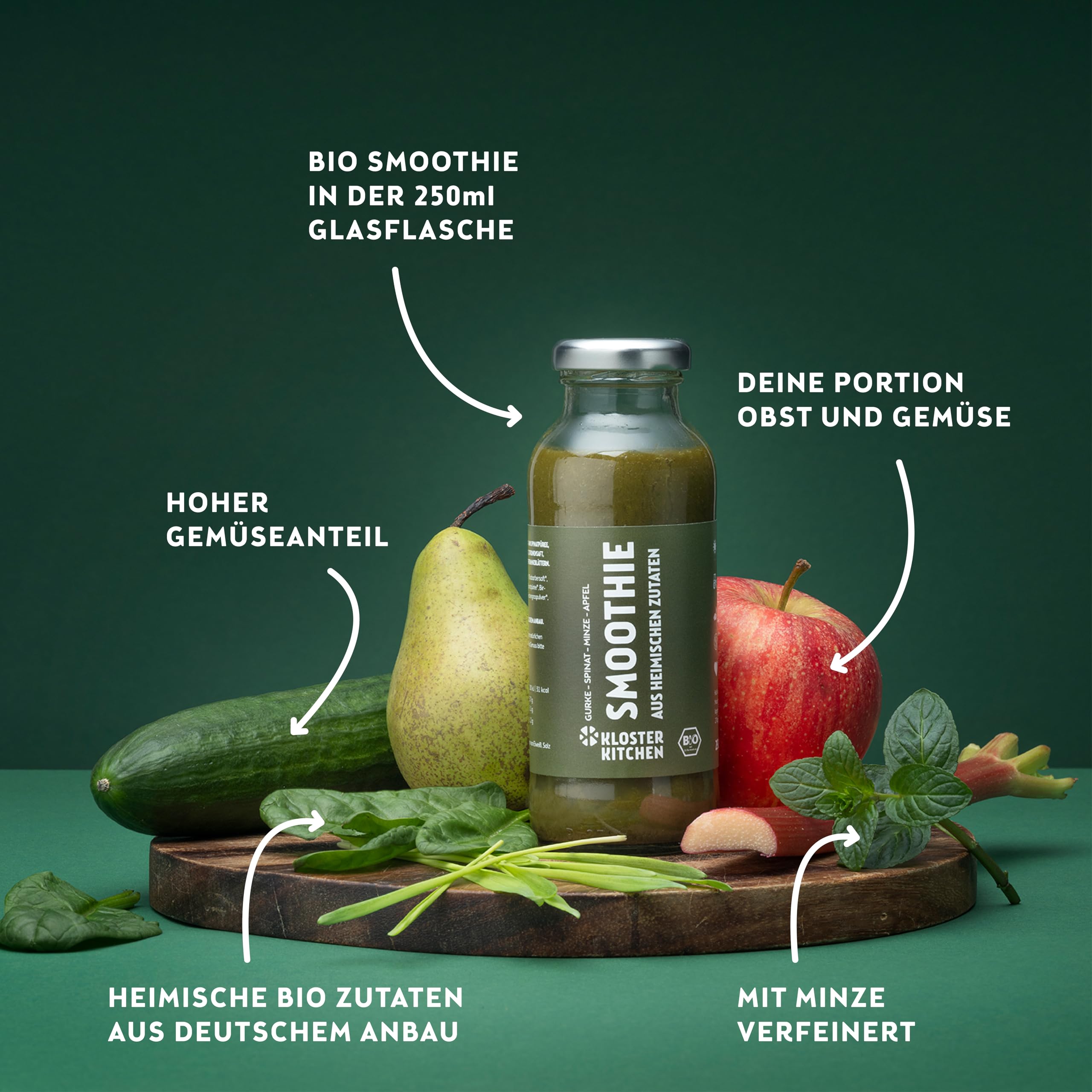 Kloster Kitchen Bio Smoothie Grün Gurke Spinat Minze Apfel 12x 250 ml I Superfood Frühstück vegan I To Go Glasflasche I Powerfood aus heimischen Zutaten