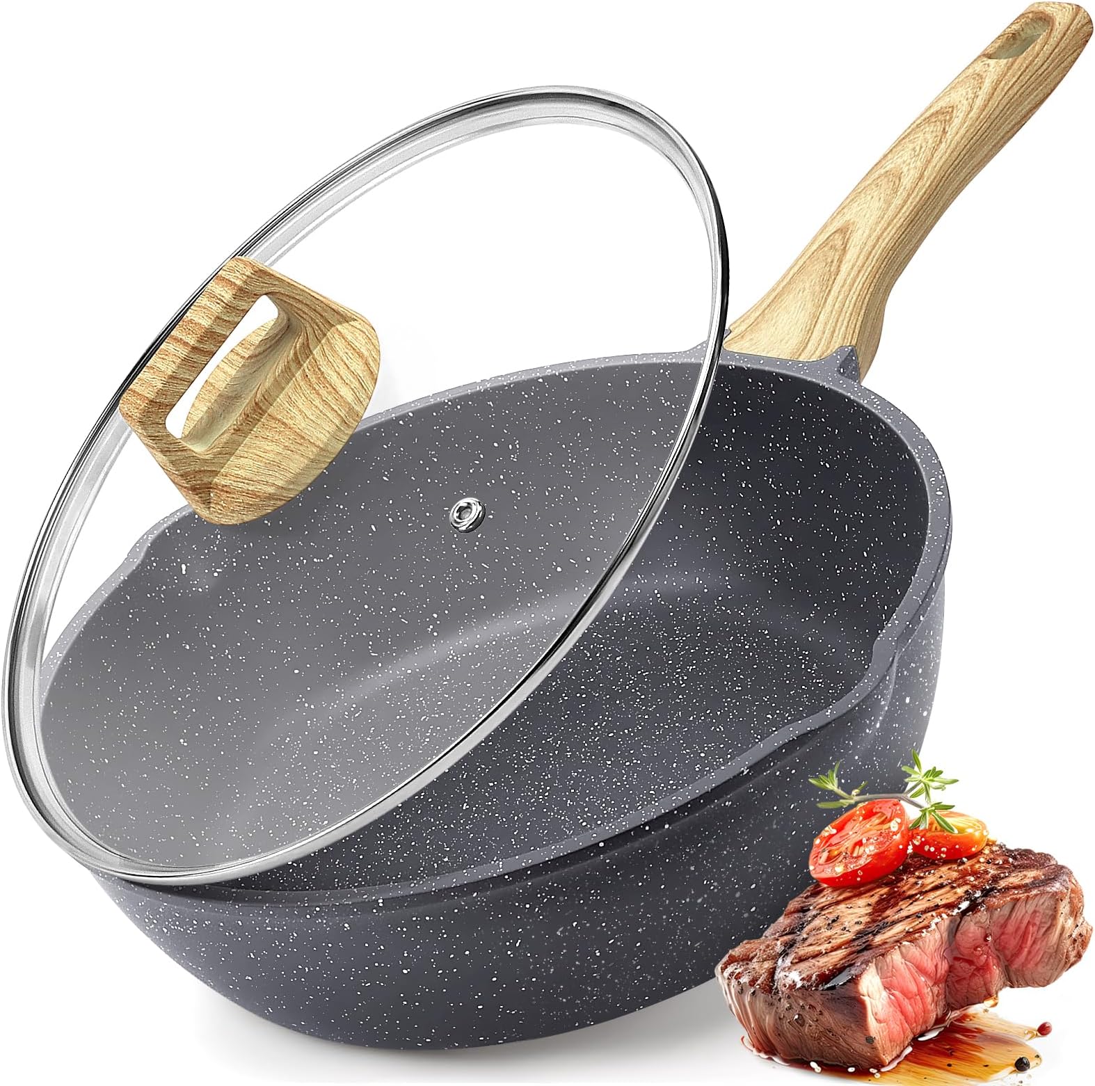 GiPP Nonstick Deep Frying Pan, 11 Inch Skillet Working Pan Granite Induction Cookware, 4.5Qt Non Stick Saute Pan with Lid, PFOA PFOS APEO Free, Grey