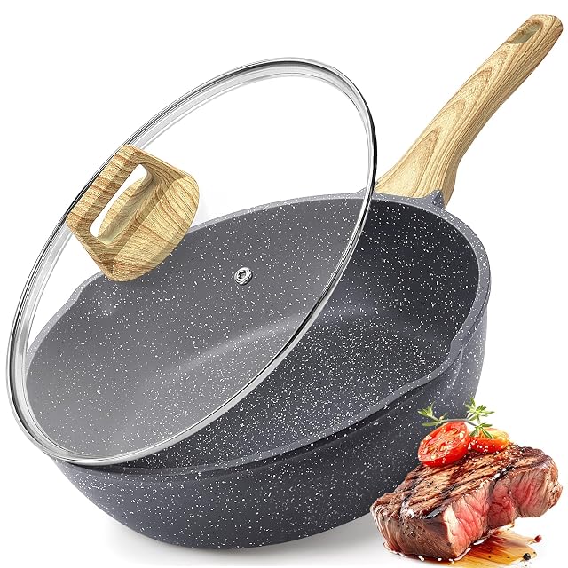 GiPP Nonstick Deep Frying Pan - 11 Inch Saute Pan with Lid Granite Induction Cookware 4 5Qt Non