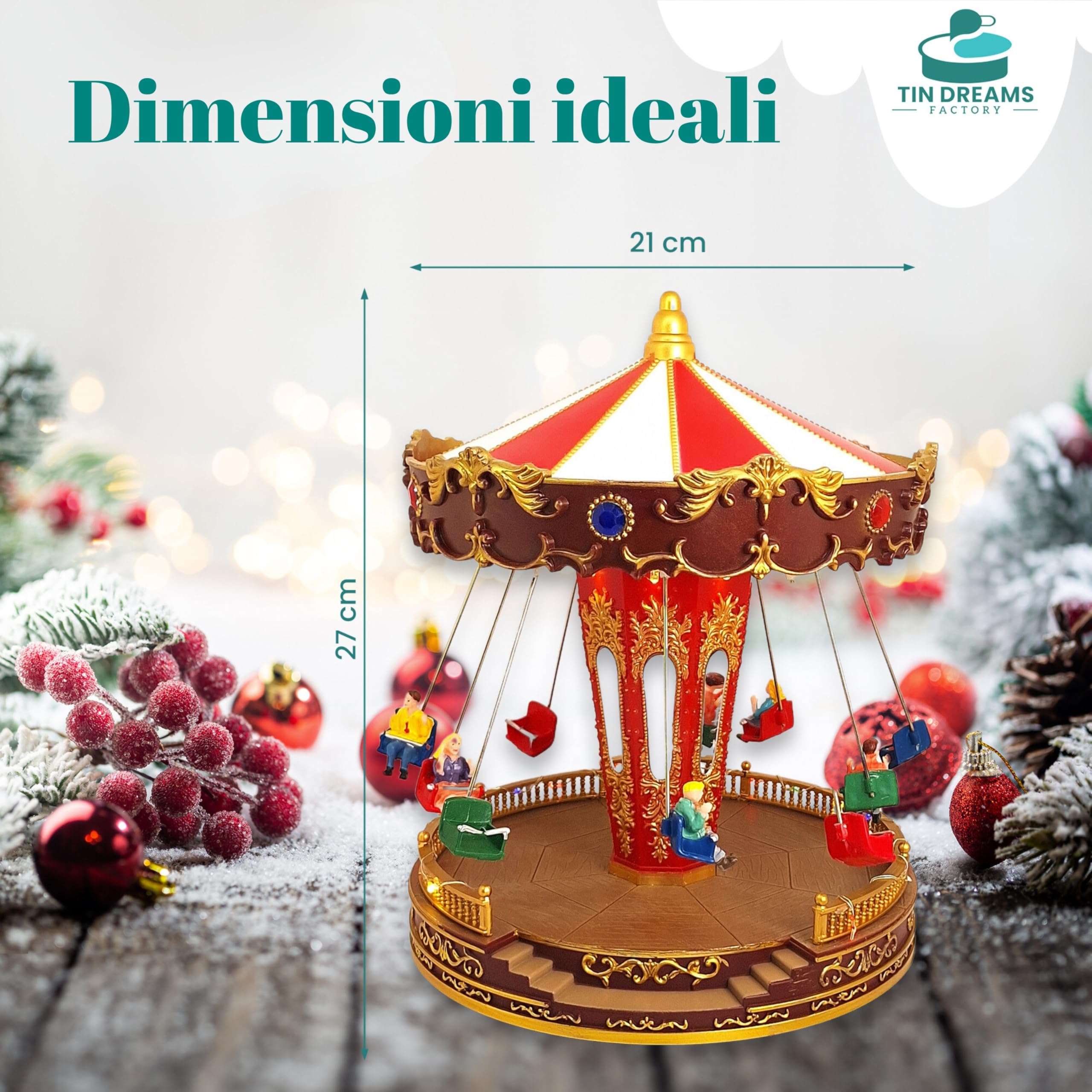 TIN DREAMS| Giostra Natalizia con Movimento Musica e Luci LED| Giostrina di Natale Musicale a Dondolo| Villaggio Natalizio, Borgo in Miniatura, Scena Animata Illuminata| Addobbo Decorazioni Natalizie