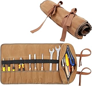 10 Pockets Tool Roll Up Organizer Bag, Heavy Duty 16oz Waxed Canvas Wrench Roll Up Bag With 2 Wrap Straps, Multi-Purpose Tool Pouch For Metric, SAE (Khaki)