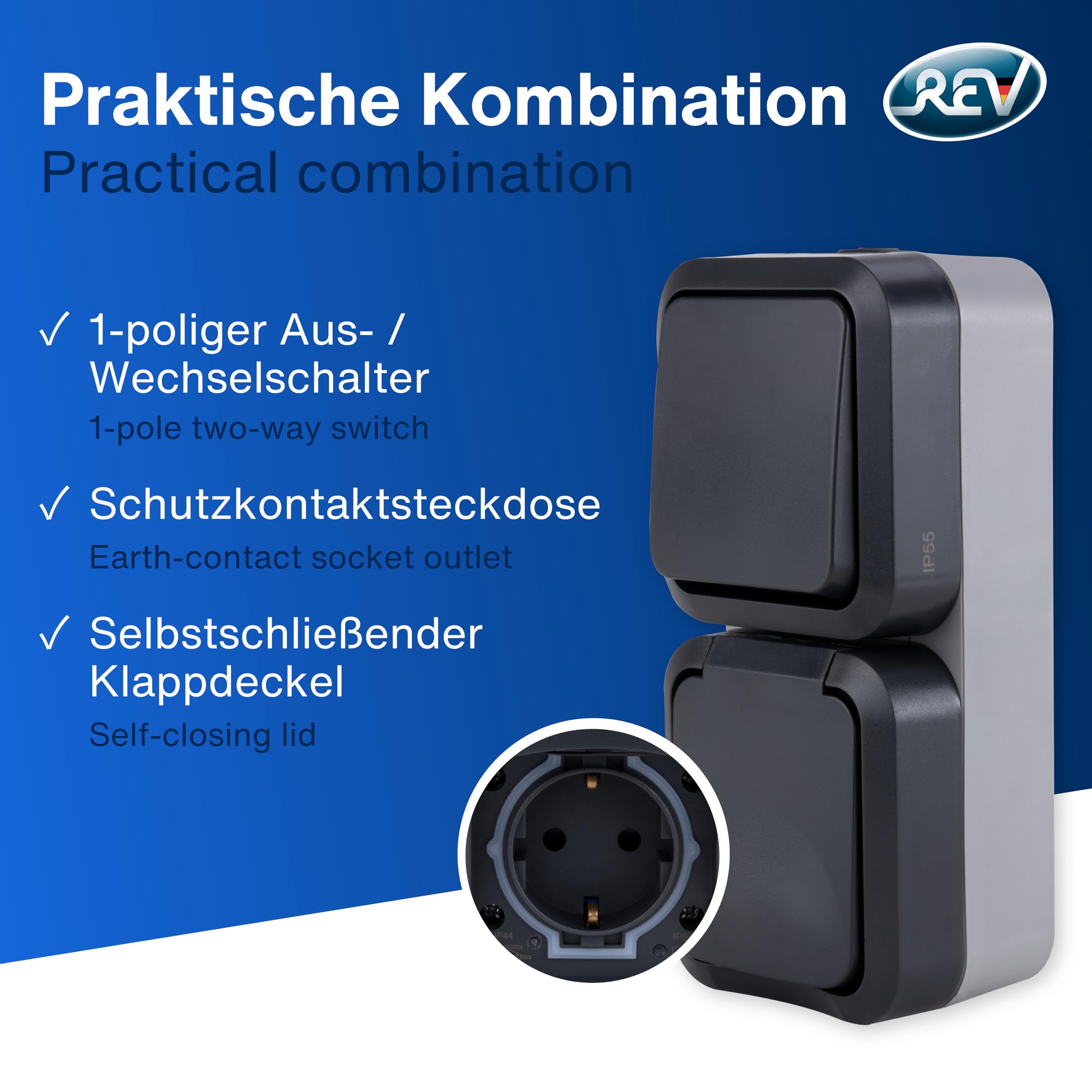 REV 0004860400 AquaStorm Socket - Interruptor A/W Combi, IP55, montaje en superficie, vertical, antracita