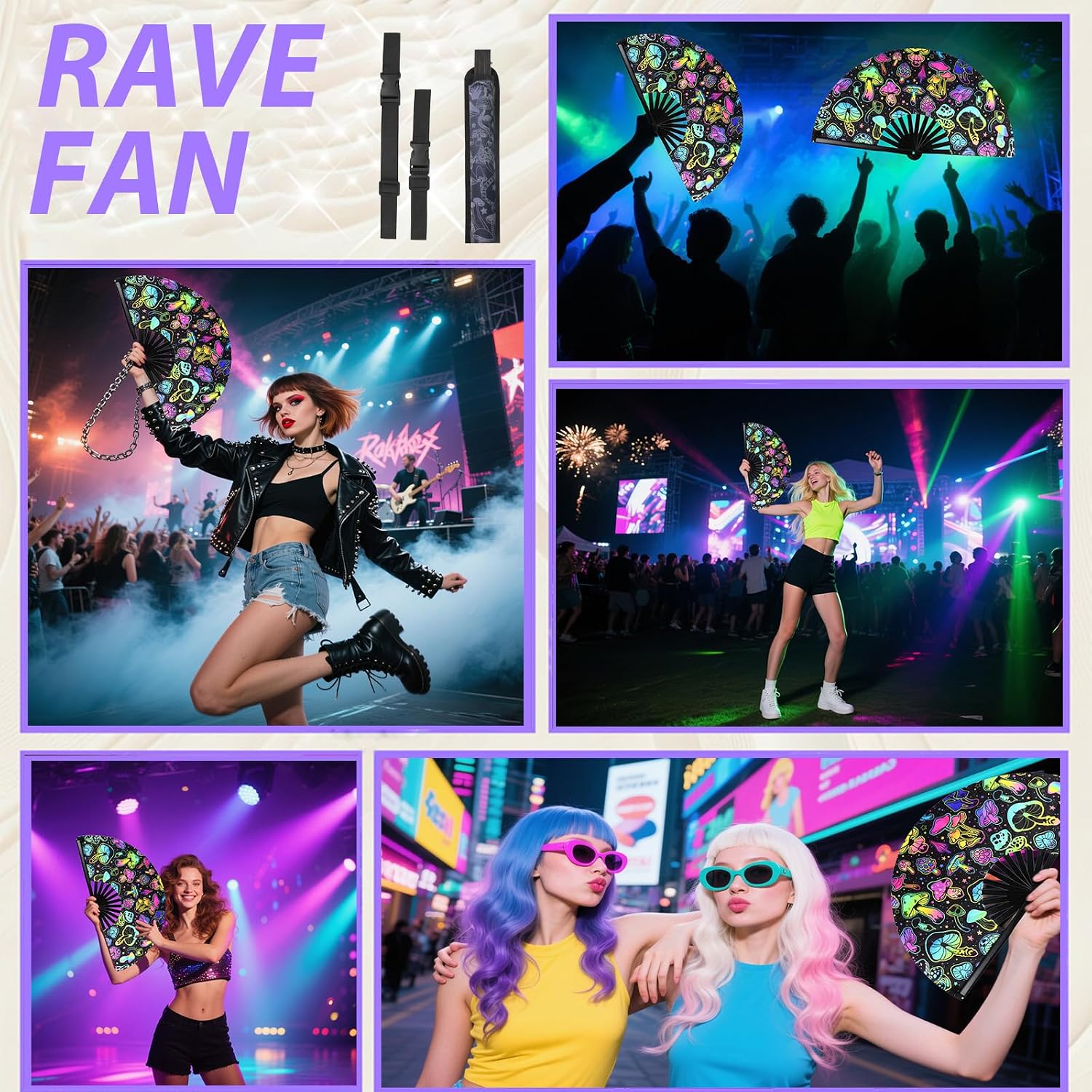 2PCS UV Glow Rave Fan,13in Large Folding Hand Rave Fan with 2 Rave Fan Thigh Holsters,Clack Fan for Line Dancing,Music Festivals,Disco,Glow Party.(Mushrooms)