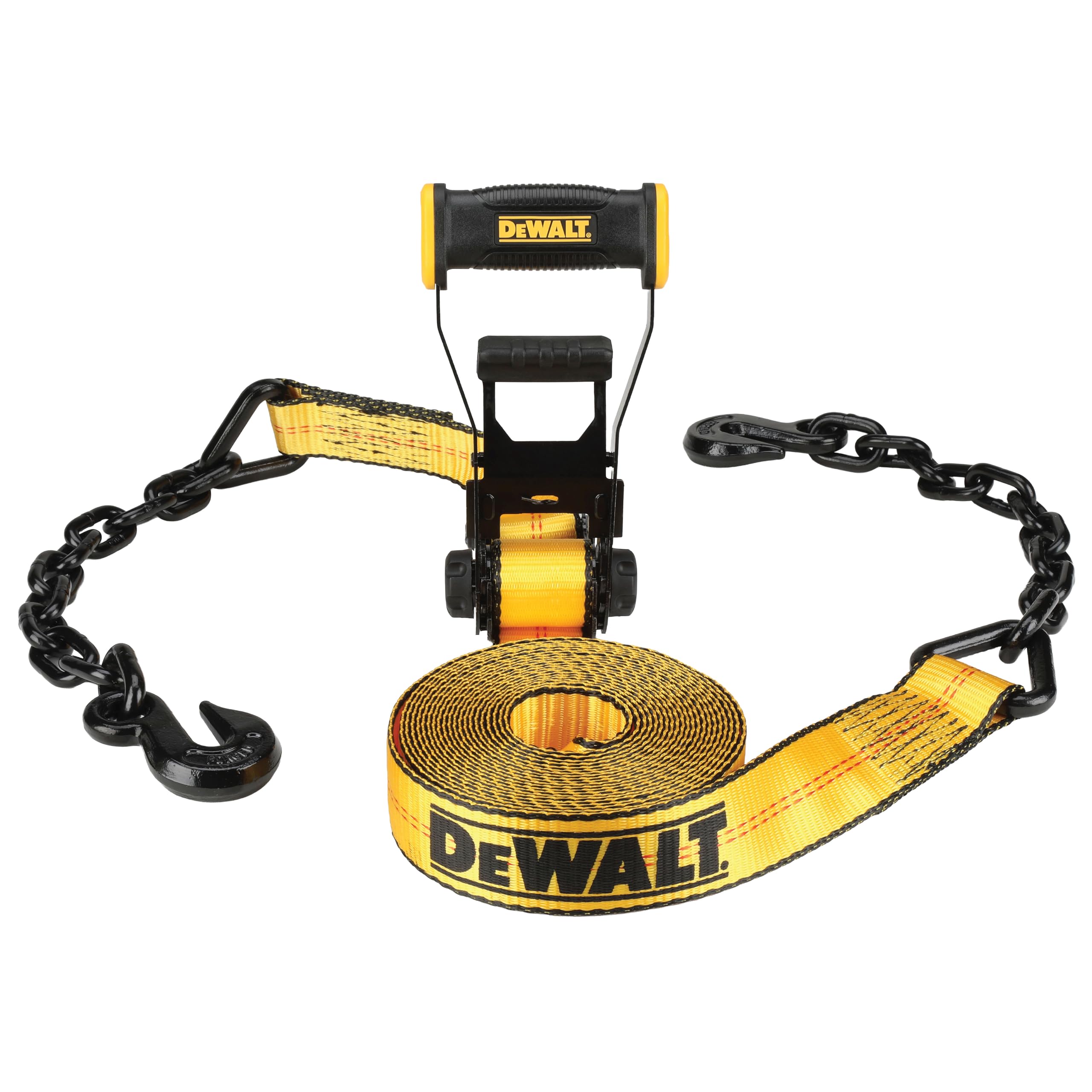 DEWALT DXBC10000C Black/Yellow 2" x 30' Ratchet Tie Down Strap with 18" Chain and Steel Hooks - 3,333 lb Safe Working Load / 10,000 lb Break Strength