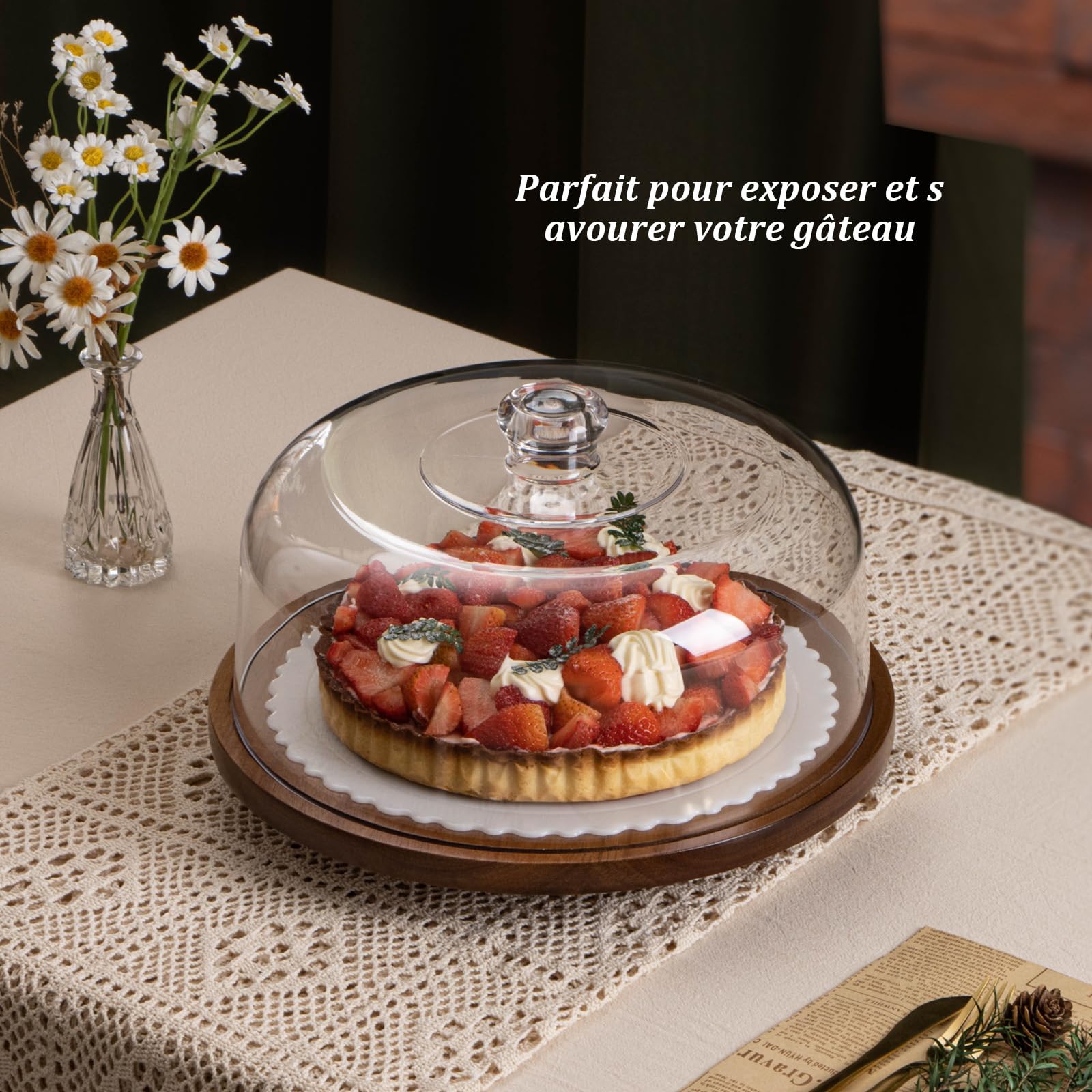 ANBOXIT Presentoir a Gateau Sur Pied, Support Gâteau en Bois d’ Acacia, Cloche à Gâteau en Acrylique, Présentoir à Gâteau avec Dôme - Tournant