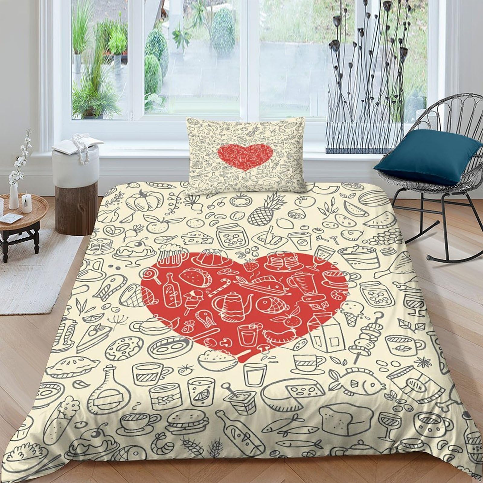 Housse de couette microfibre anti-plis parure de lit coeur rouge
