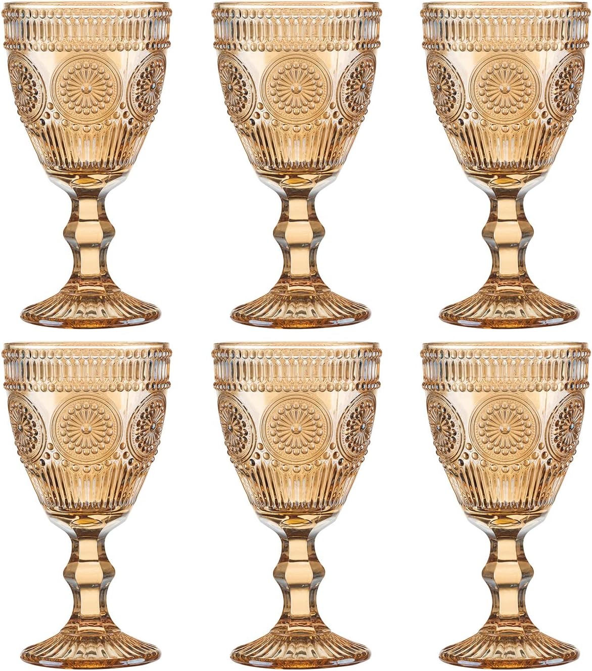 Vintage Wine Glasses Set of 6, 10 Ounces Colored Glass Water Goblets, Unique Flower Embossed Pattern High Clear Stemmed Glassware Wedding Party Bar Glass Drinking Cups Flower Amber Fancy Glasses - Image 5