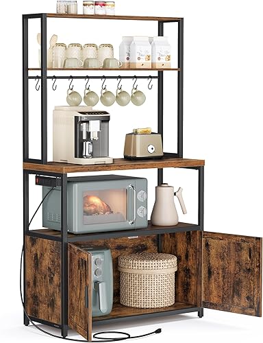 Miniatura 16 de VASAGLE Estante para panadero, soporte para microondas, estante de almacenamiento de cocina con cesta de alambre, 6 ganchos y estantes, para Marrón