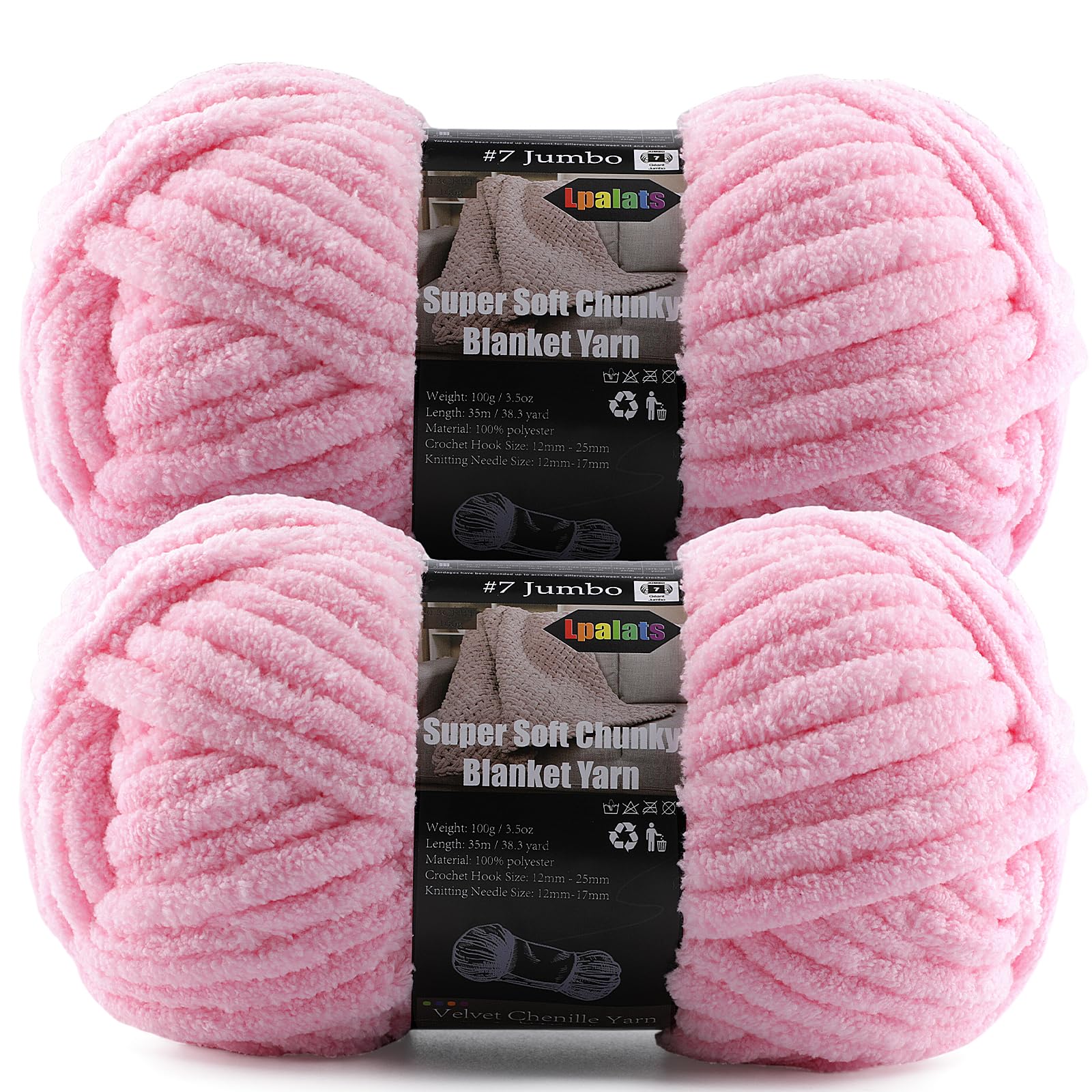 2-Pack Super Soft Chunky Yarn for Crocheting Blankets - 7oz/76.4yd Total, Thick &amp; Plush Chenille Yarn for Quick Baby Projects, Amigurumi, Scarves, Light Pink