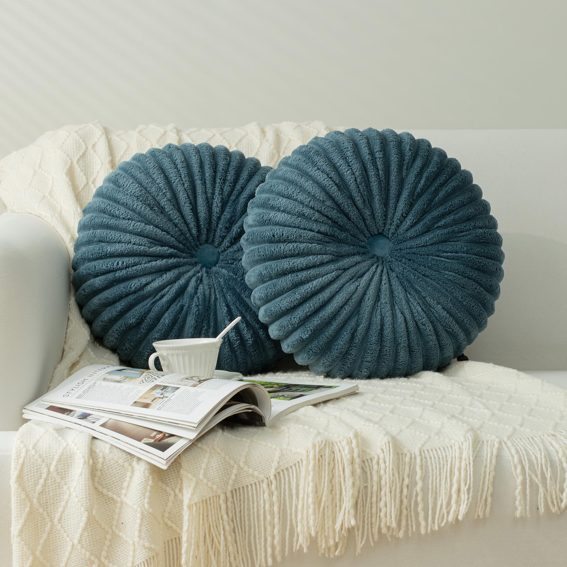 HIG Set of 2 Dusty Blue Flannel Decorative Round Pleated Throw Pillows