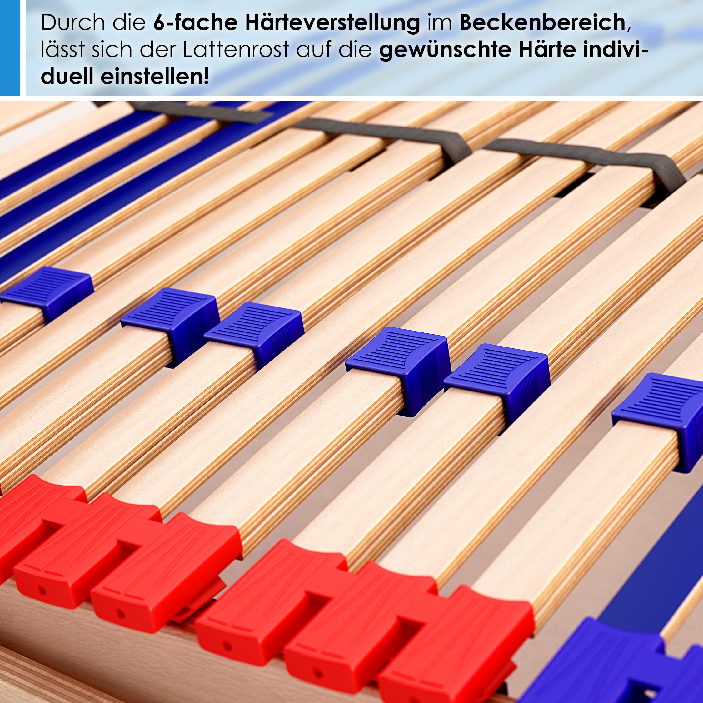stabiler Lattenrost 100% BUCHE Lattenrahmen - Kopfteil verstellbar - SCHULTERFRÄSUNG, 7 Zonen, 42 Federleisten, Härte-Regulierung, Mittelgurt - VARIO SLEEP BEST 42® unmontiert (90x200cm)