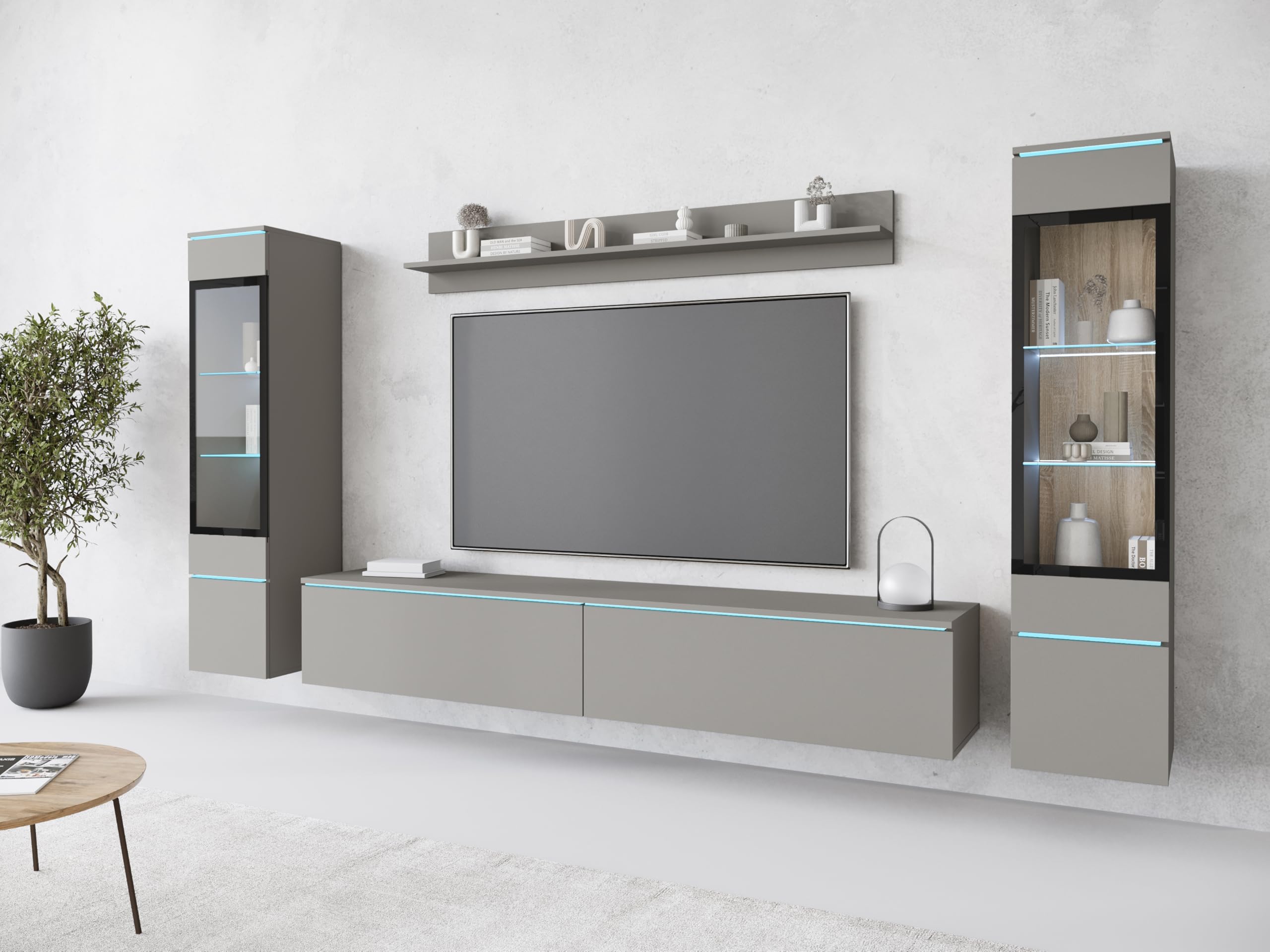 MINIO go for it - Wohnwand 4-Teilig Set Veve 2, Hängend/Stehend - mit LED | Vitrine, Lowboard, Wandboard, Farbe: Grau matt