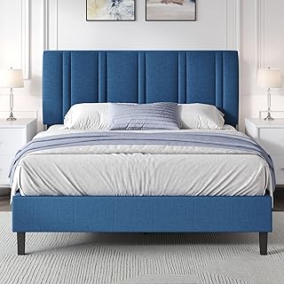 Queen Size Bed Frame with Headboard, Linen Fabric Upholstered Platform B...