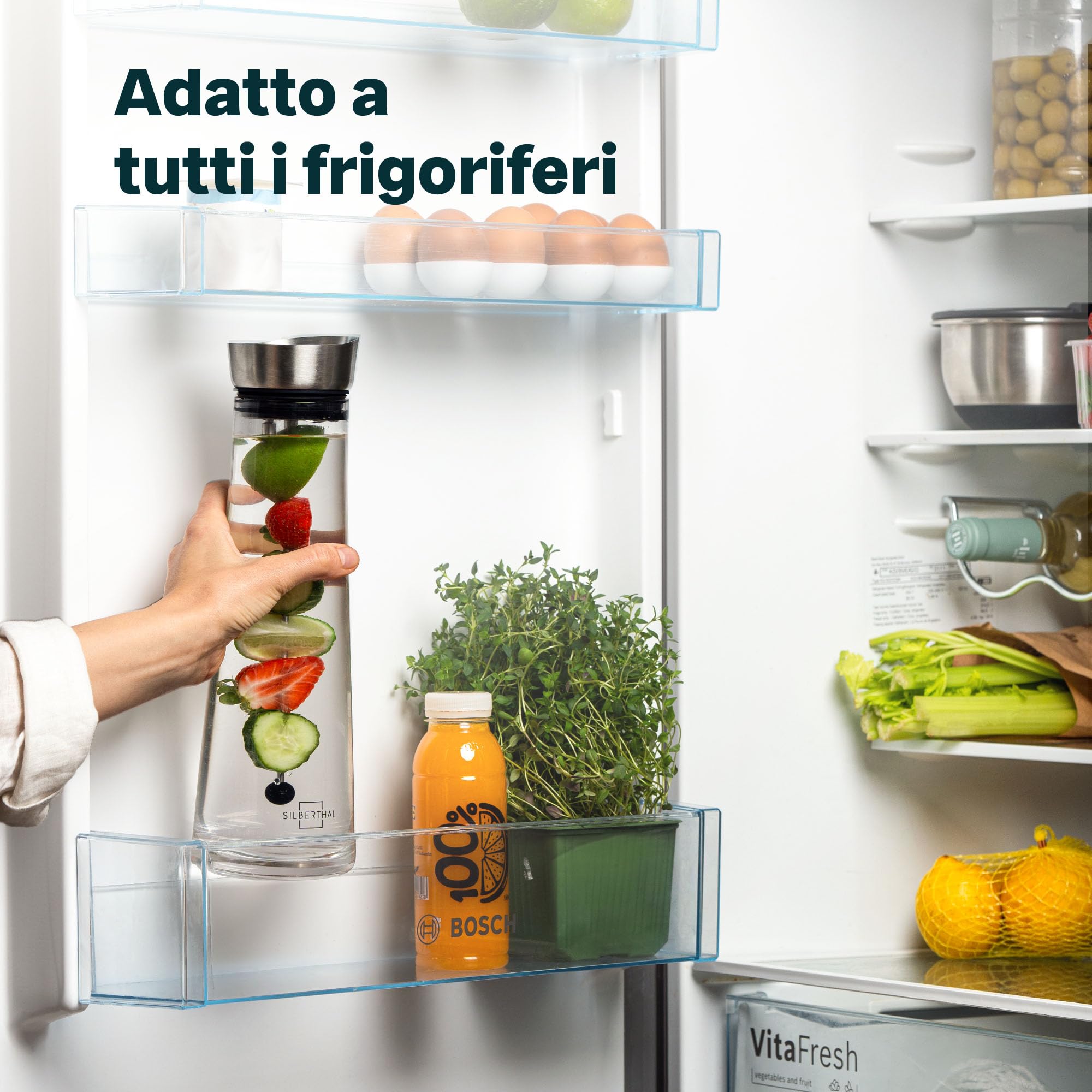 SILBERTHAL Caraffa vetro 1 litro - Per acqua refrigerata e spritz - Brocca con coperchio senza BPA