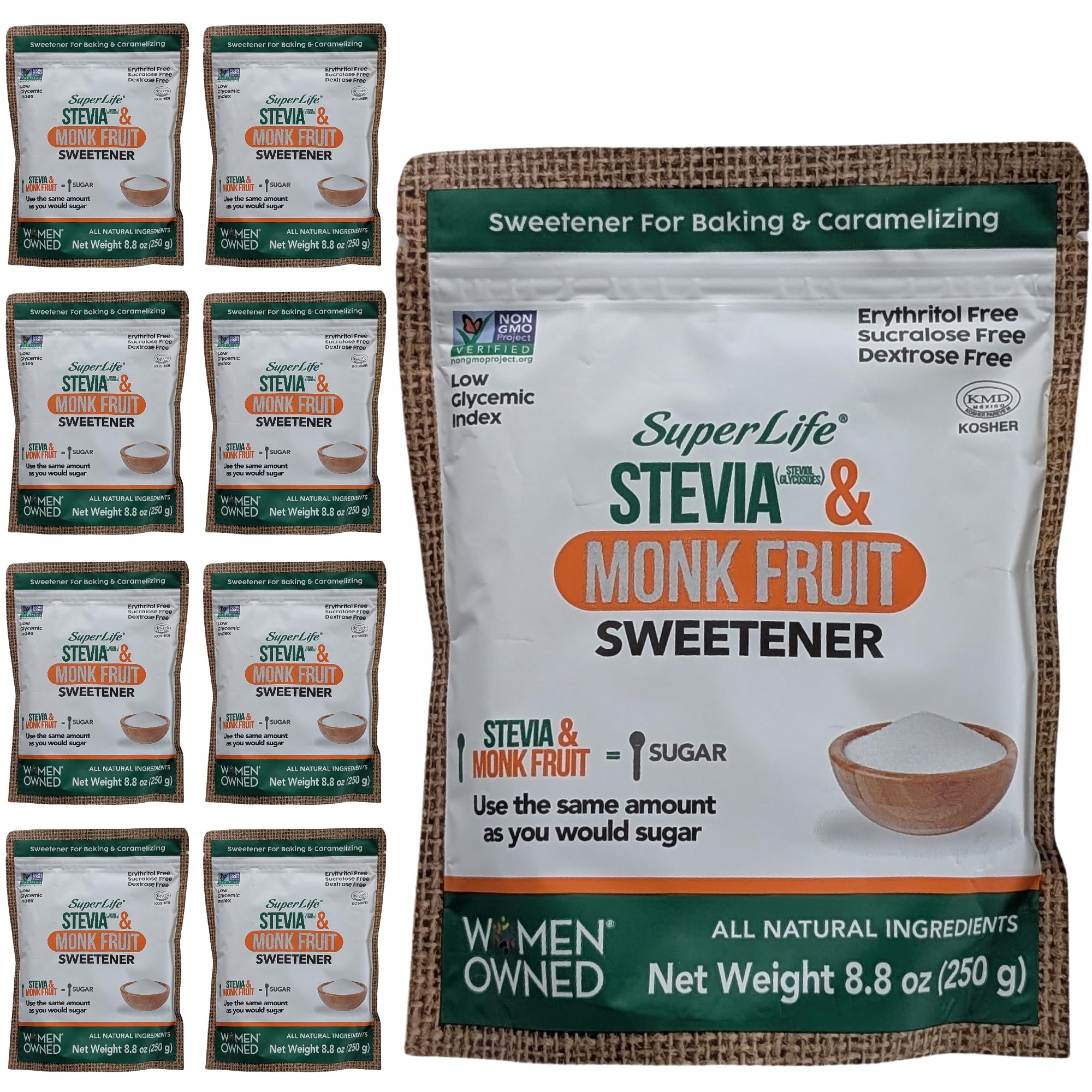 Super Life Stevia & Monk Fruit Sweetener – Low-Glycemic Index, Erythritol-Free Sugar Alternative for Baking, Beverages & Caramelizing | Non-GMO,