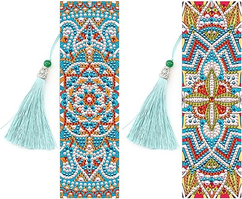 FuninCrea 2 marcapáginas de pintura de diamante con borla, de piel sintética, kit de marcadores de diamantes para manualidades florales, puntos 5D,