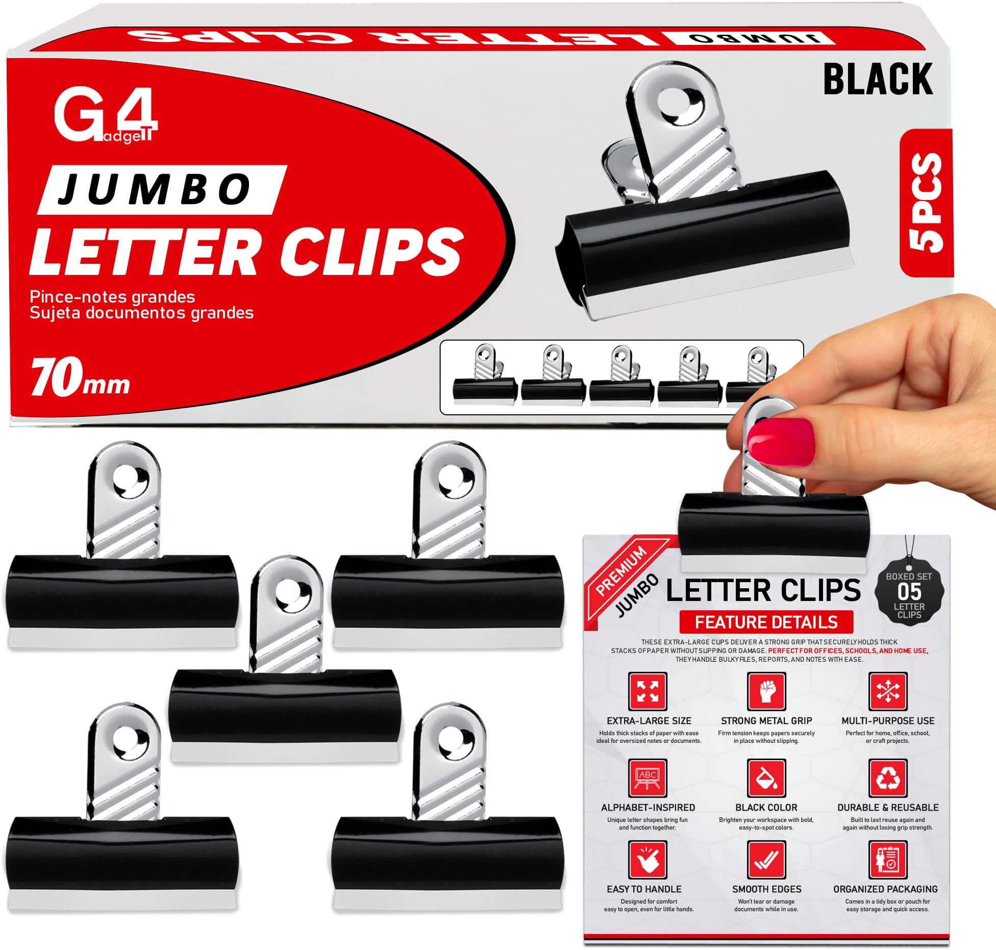 G4GADGET Pack of 5 Jumbo Black Bulldog Clips 70mm – Heavy-Duty Metal Binder Clips – Strong Grip Paper Clips for Office, School & Home – Ideal for Securing Documents & Files