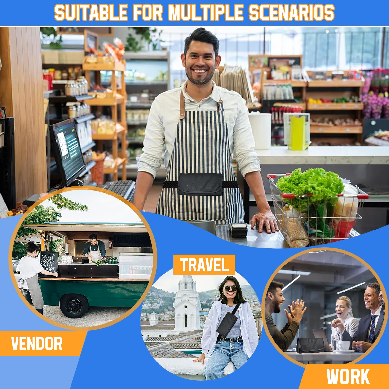 Sacoche Banane Serveur, Sacoche de Service en PU avec Monnayeur Euro, Portefeuille de Serveur, Sacoche Serveur Monnayeur avec Fermeture Magnétique pour Serveur, Caissier, Voyage (Noir)