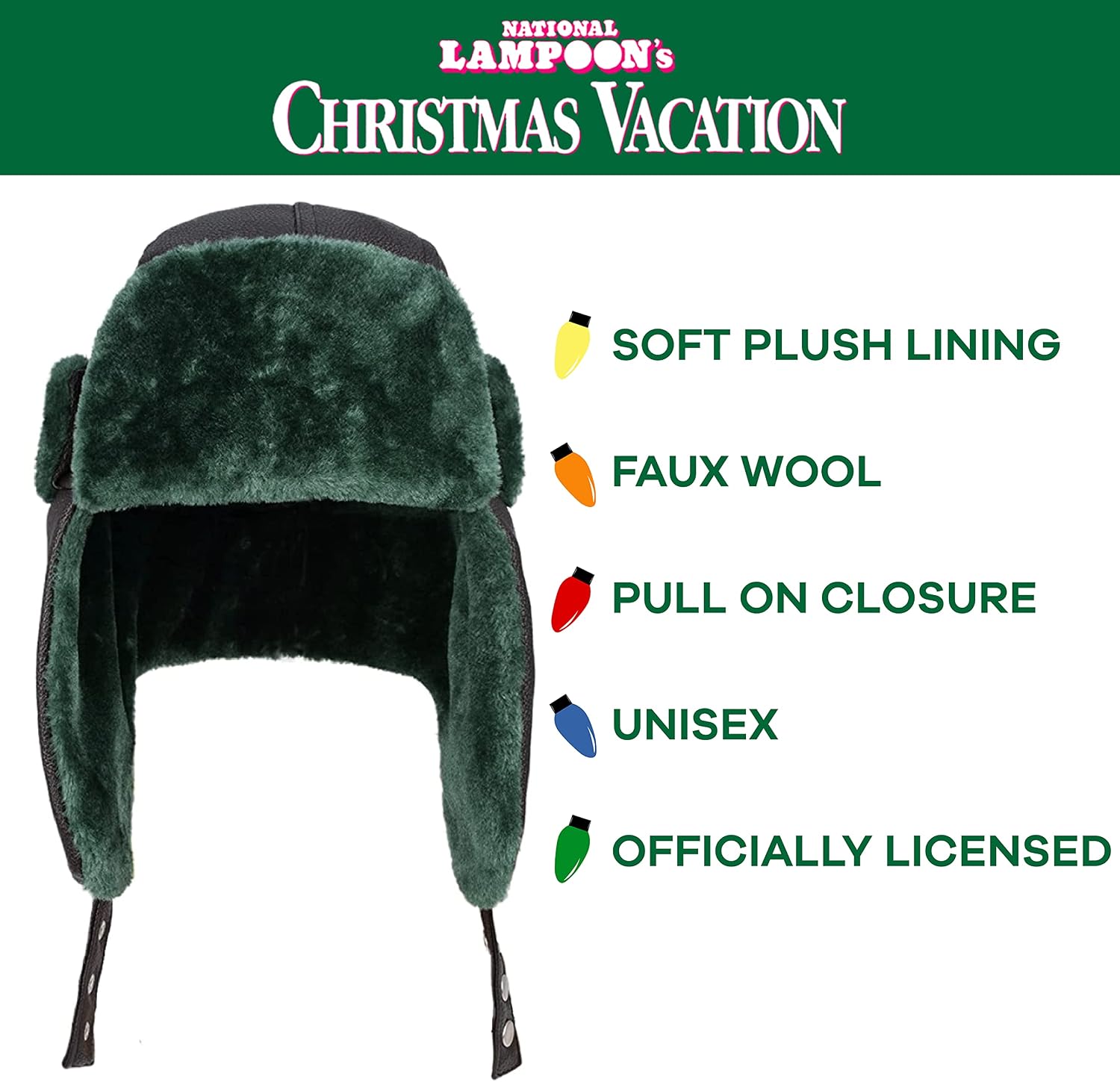 National Lampoon Christmas Vacation Trapper Hat, Cousin Eddie Faux Fur Adult Winter Cap with Ear Flaps for Men and Women, Green, One Size