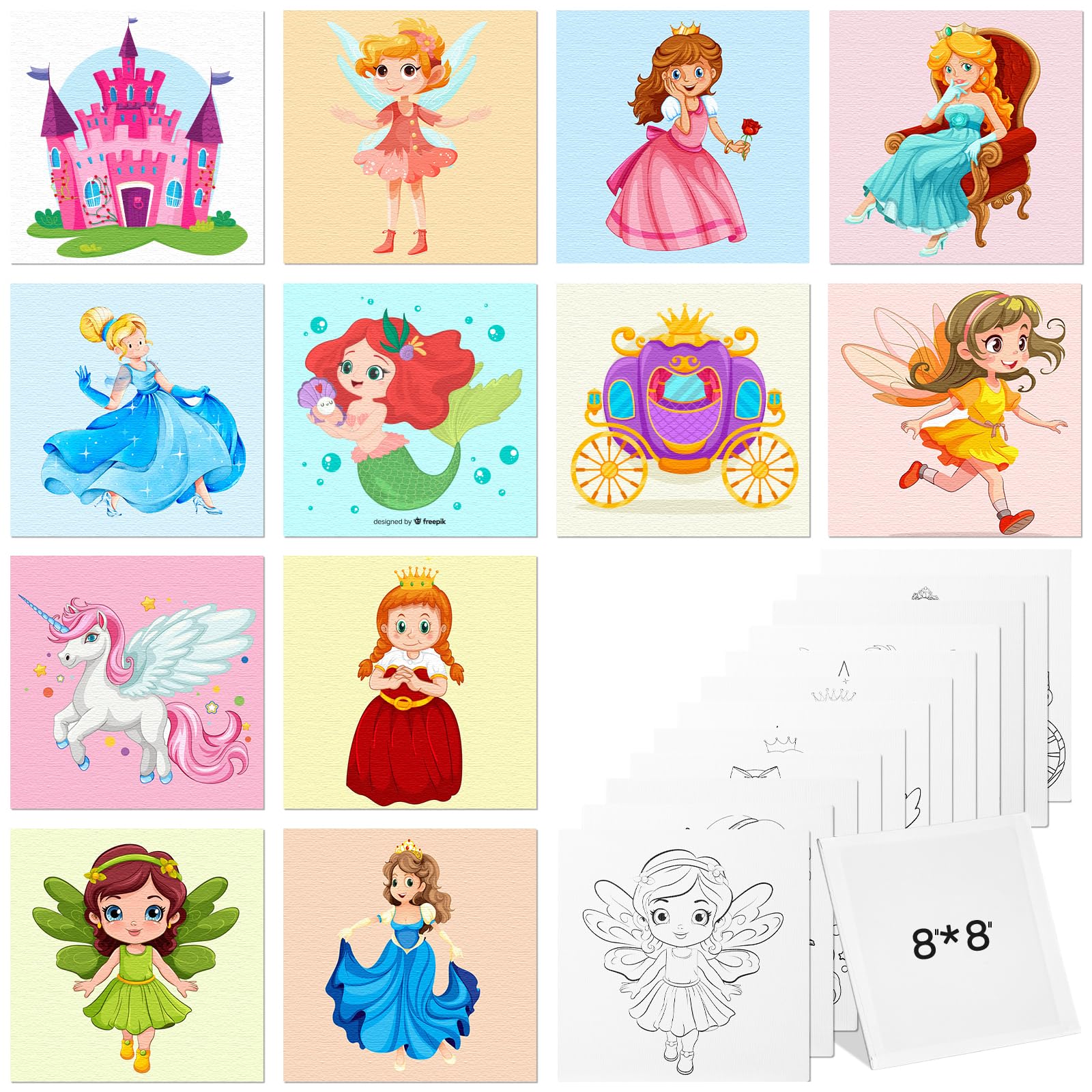 12 Pack Pre Drawn Canvas to Paint for Kids Adults, 8x8 inch Cute Pre Printed Canvas Painting for Girls Boys and Beginners, Paint Gift for Valentines Party Favor Activities (Princess)